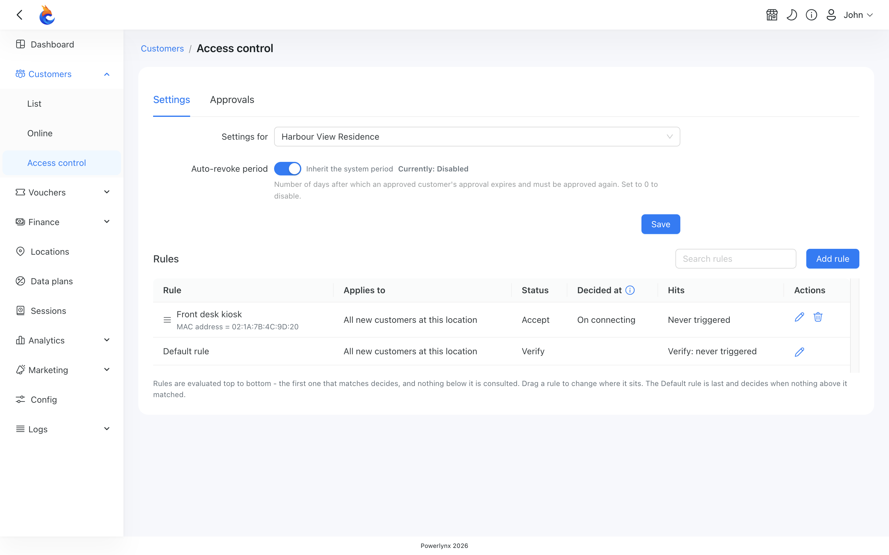Access control settings with the Default rule