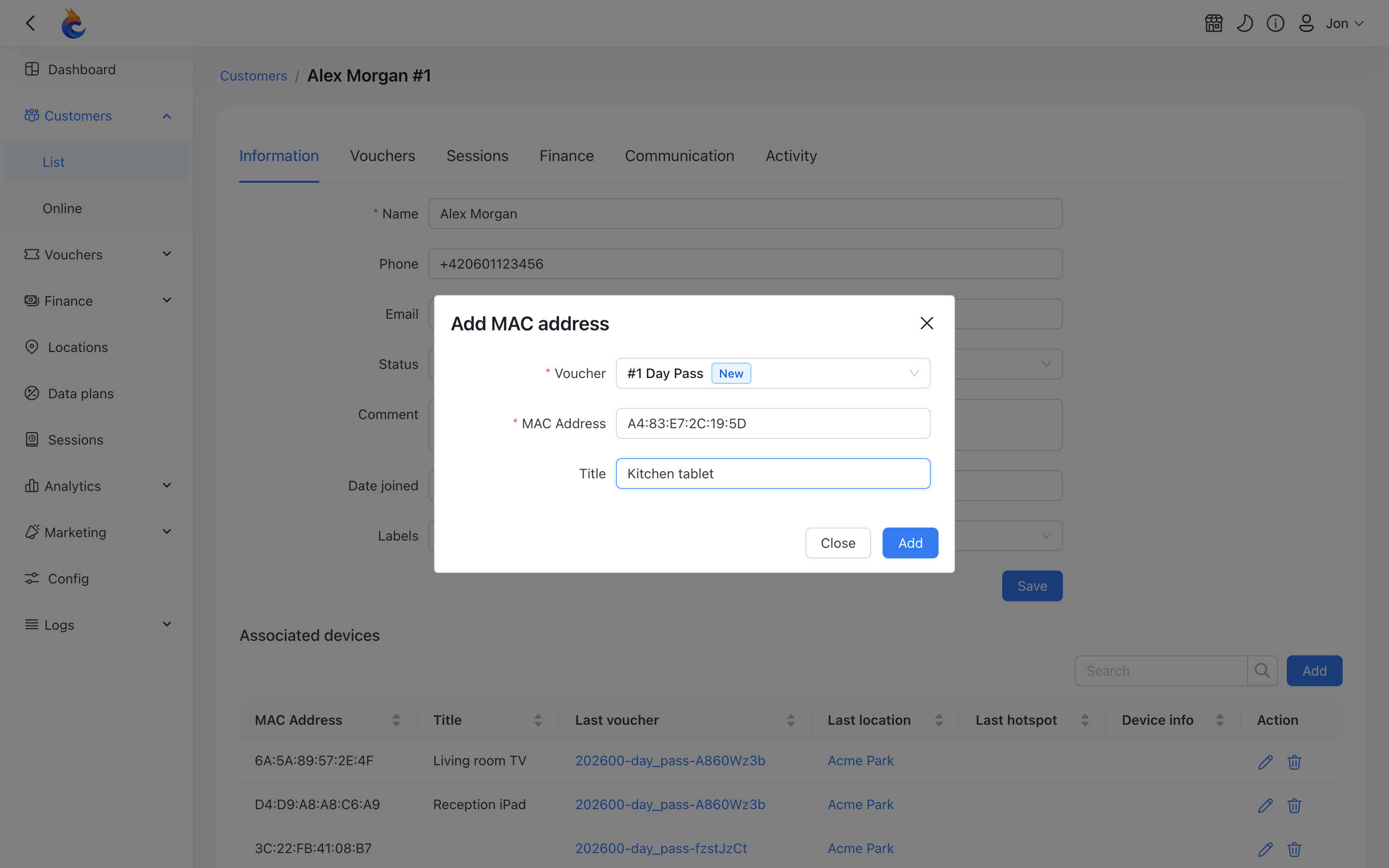 Add MAC address dialog with the voucher selector, MAC Address and Title fields
