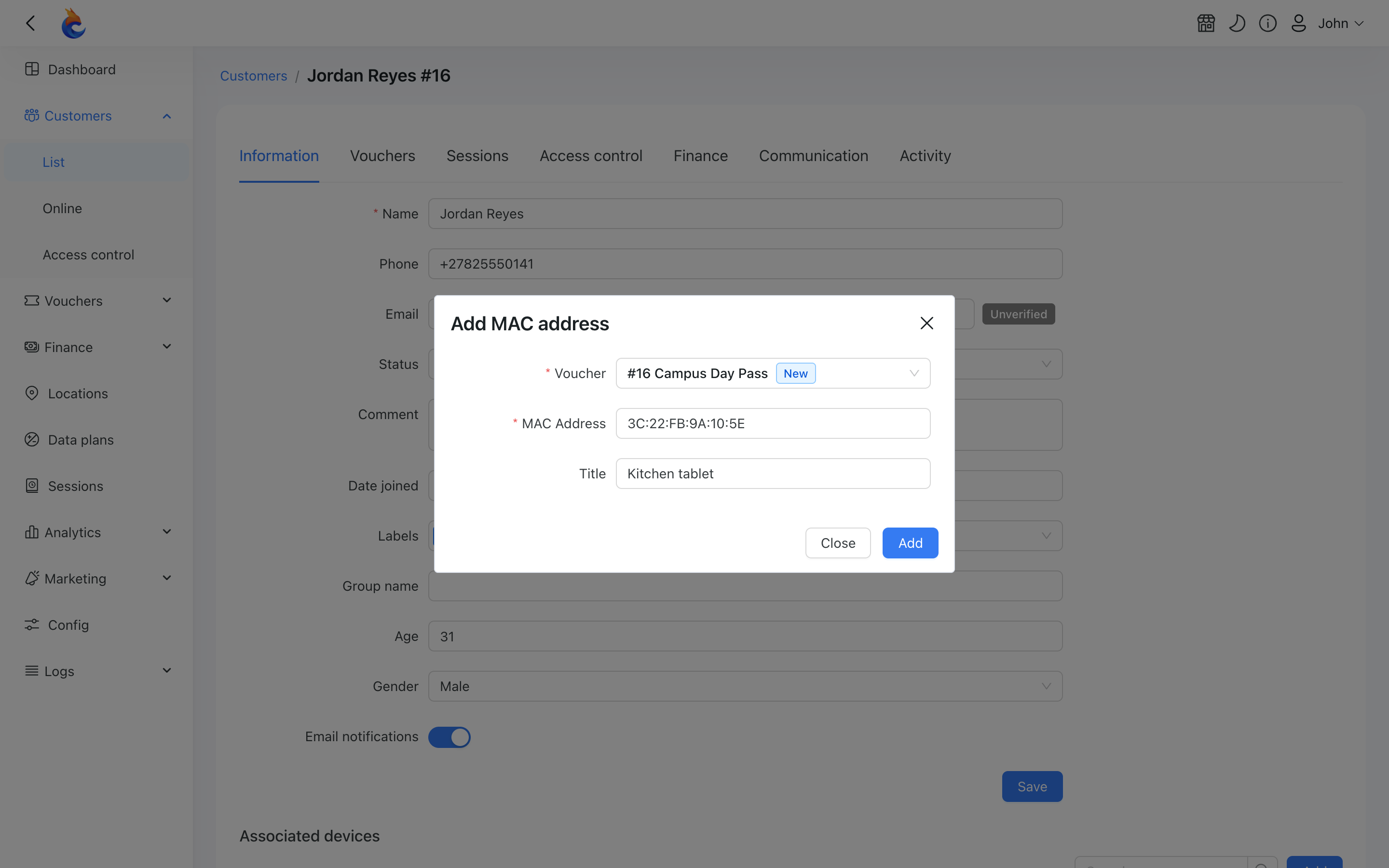 Add MAC address dialog with the voucher selector, MAC Address and Title fields