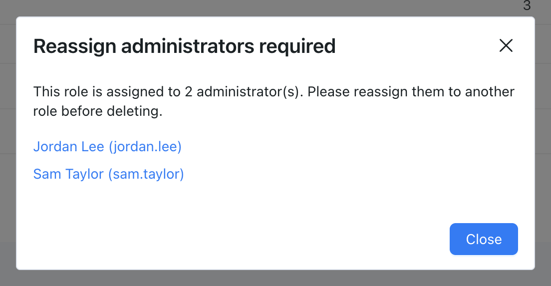 Reassign administrators before deleting a role