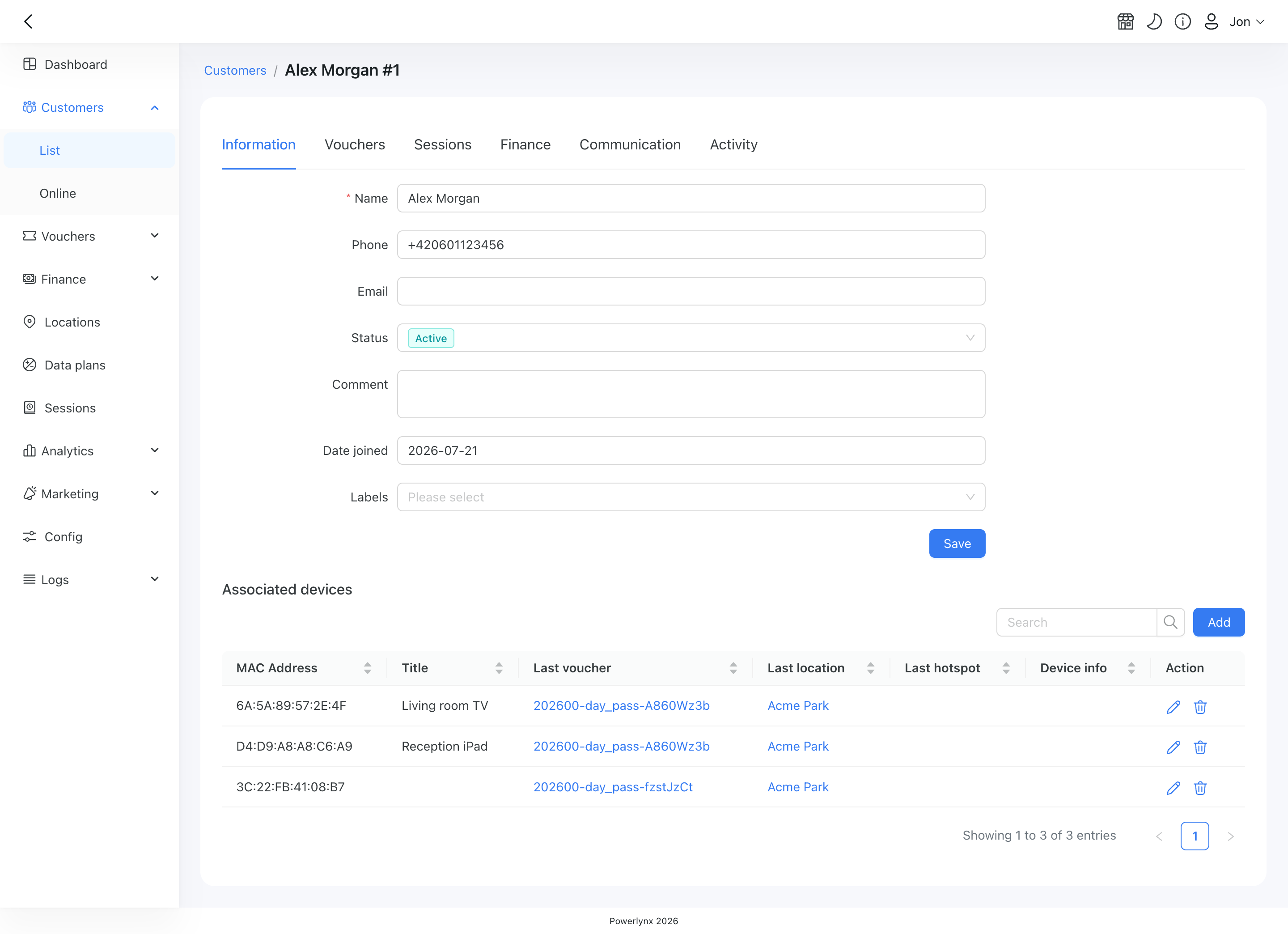 Associated devices table on the customer Information tab