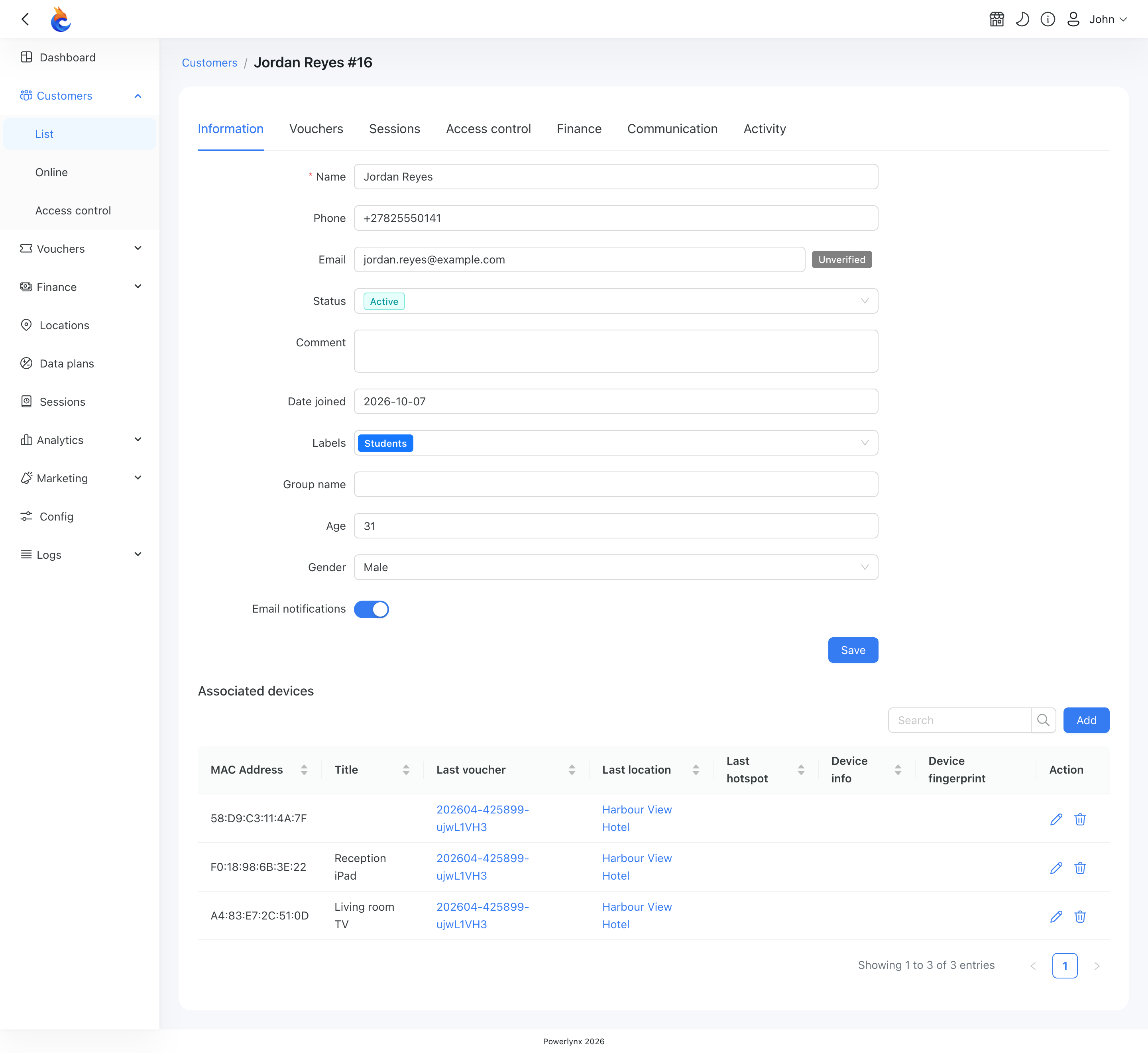 Associated devices table on the customer Information tab