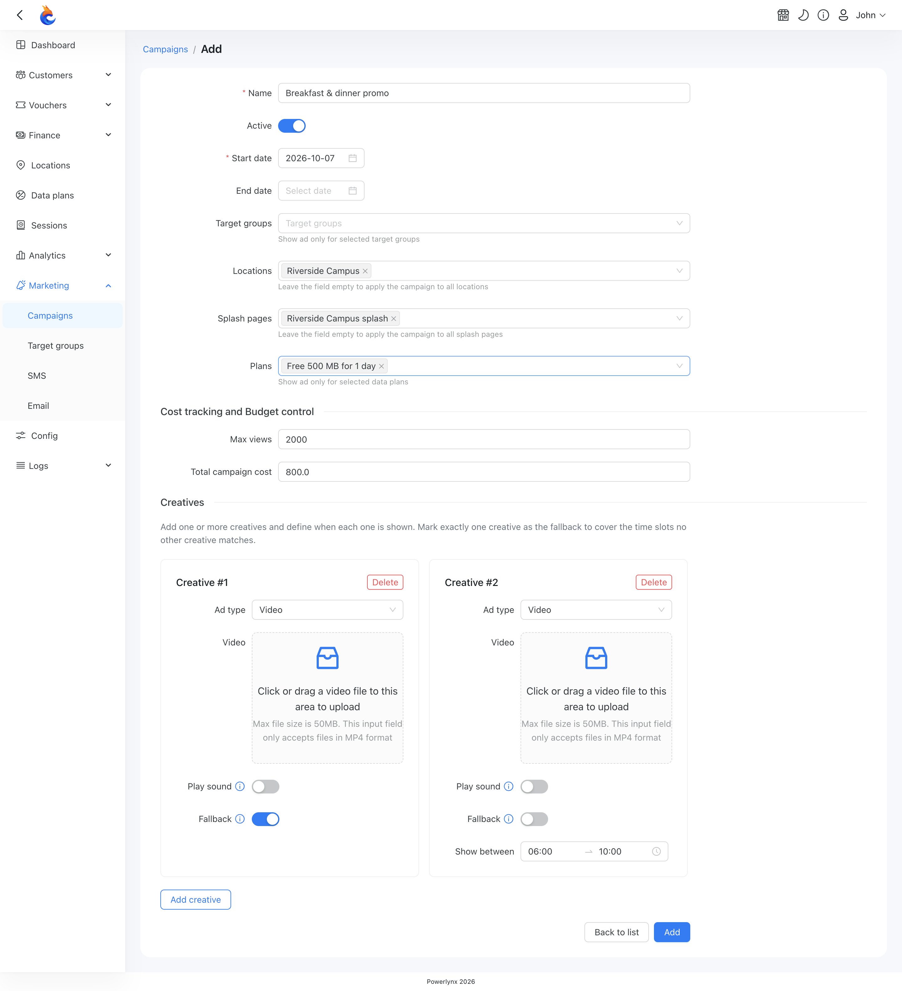 Campaign form with the Creatives section — each creative card has an ad type, file upload, fallback toggle and a "Show between" time range