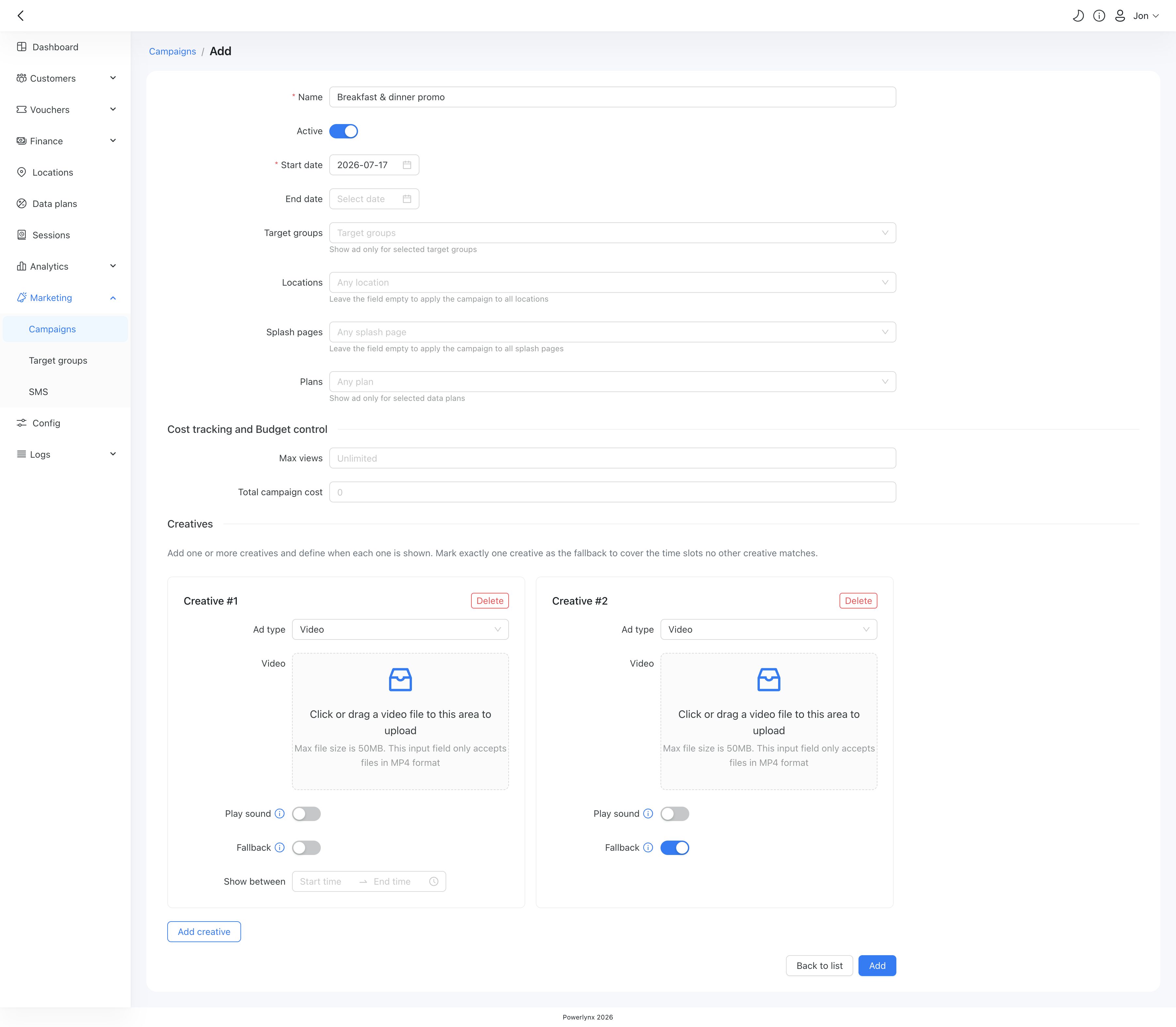 Campaign form with the Creatives section — each creative card has an ad type, file upload, fallback toggle and a "Show between" time range