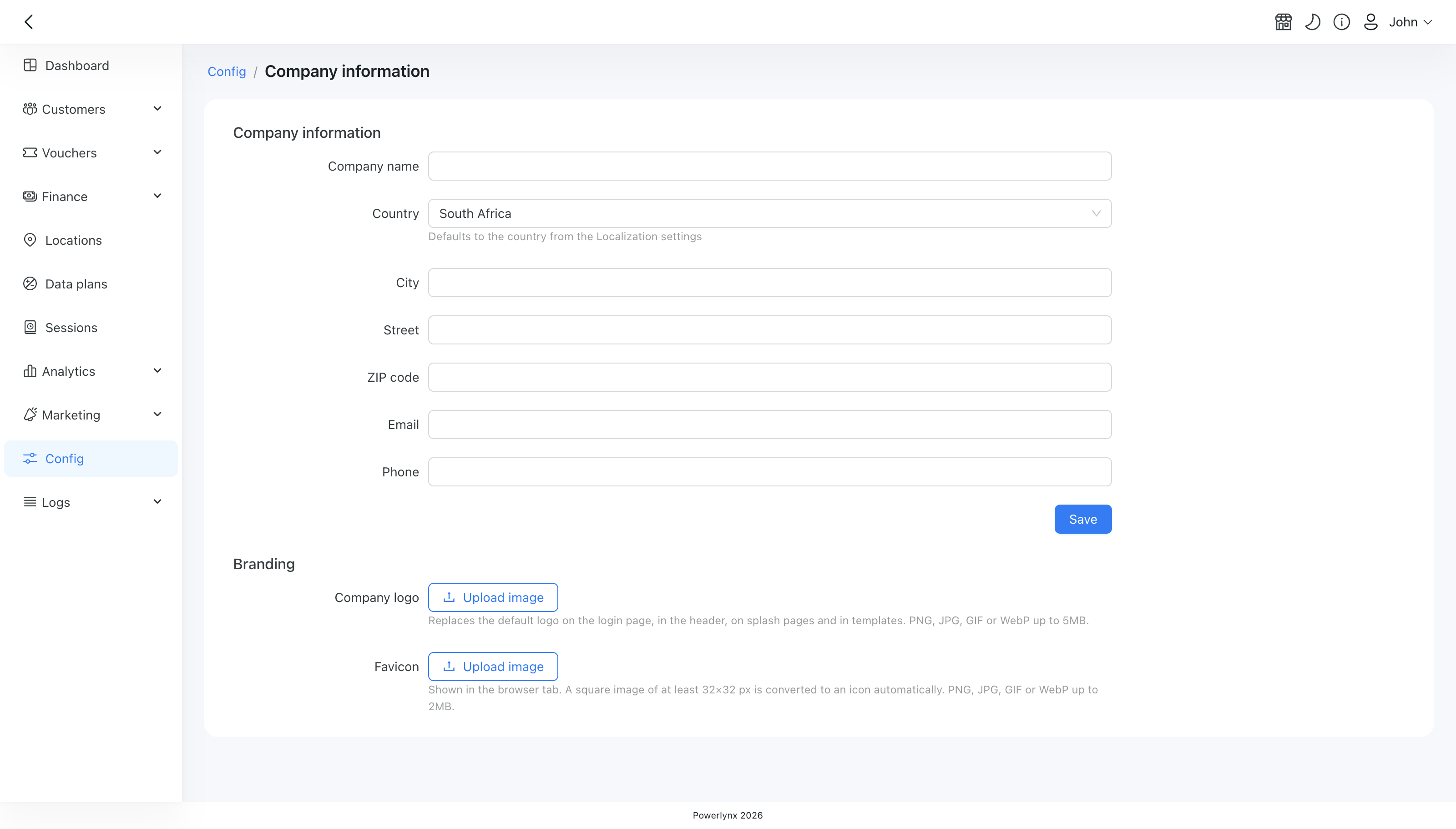 The Company information page with the details form and the Branding uploads