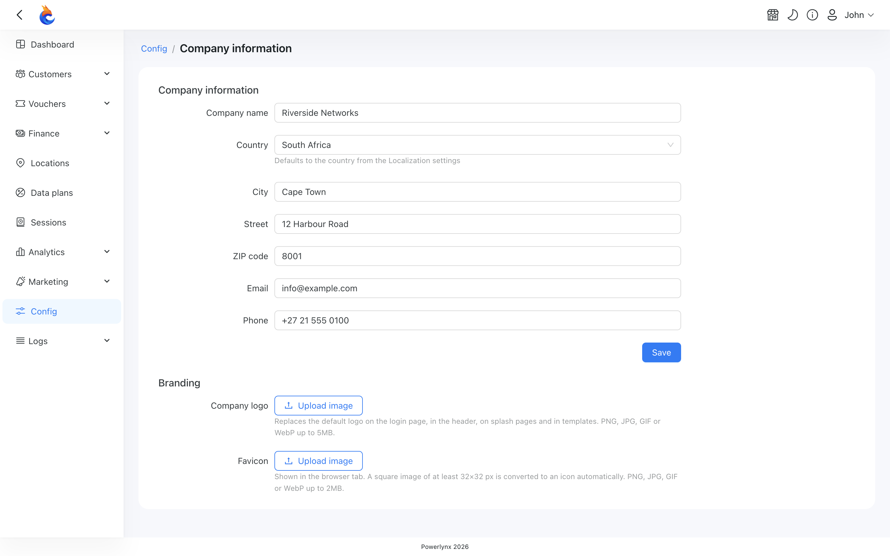 The Company information page with the details form and the Branding uploads