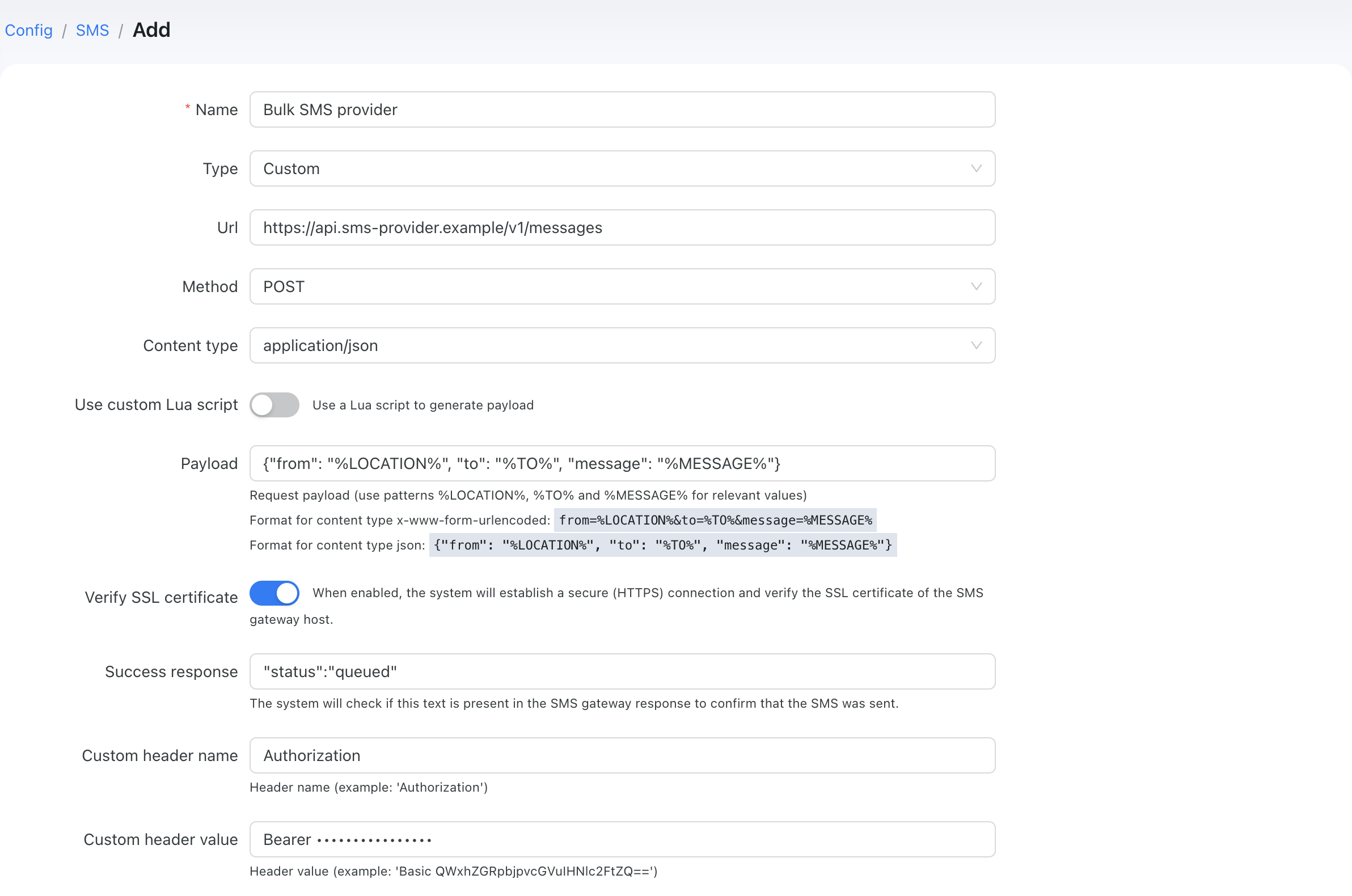 SMS custom example