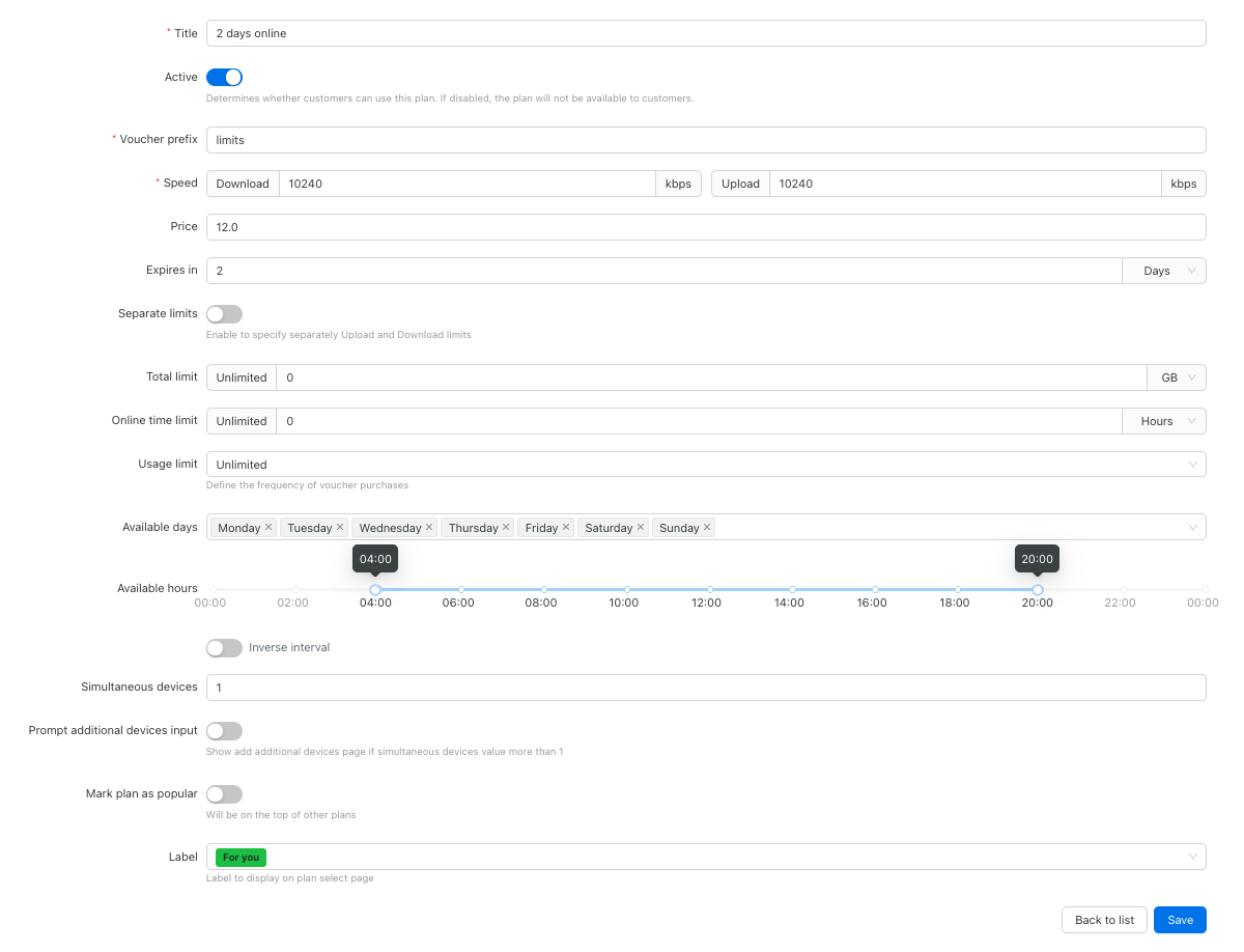 Data plan configs