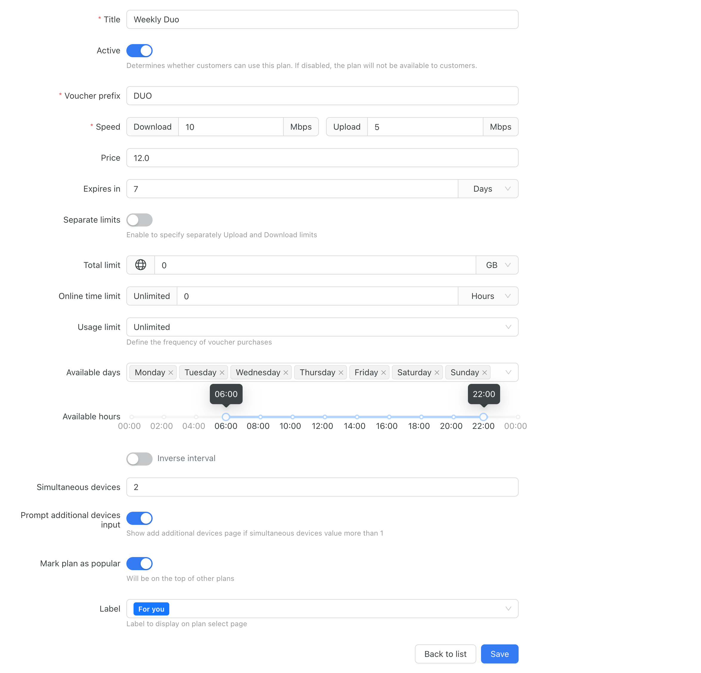 Data plan configs