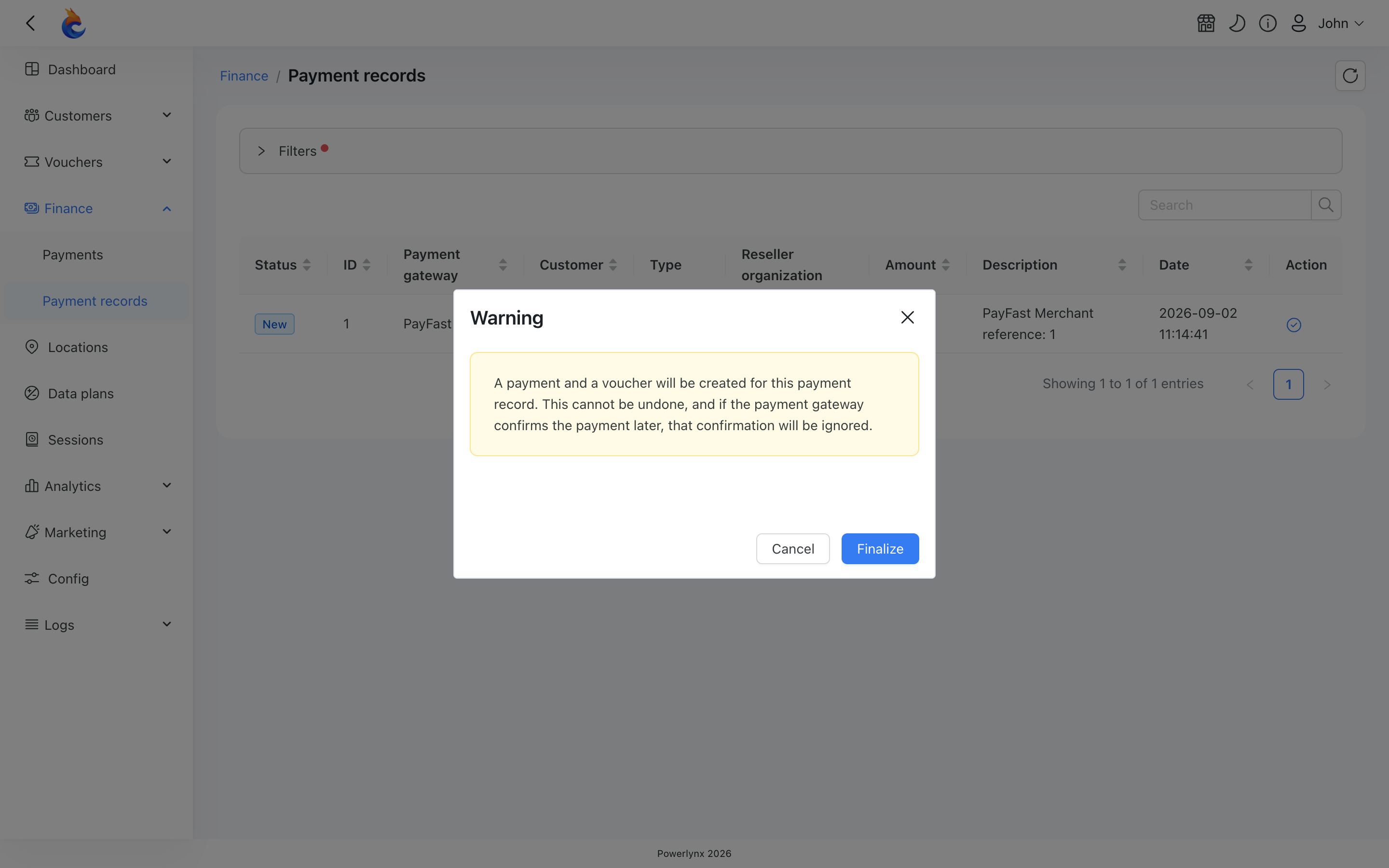 Finalizing a payment record
