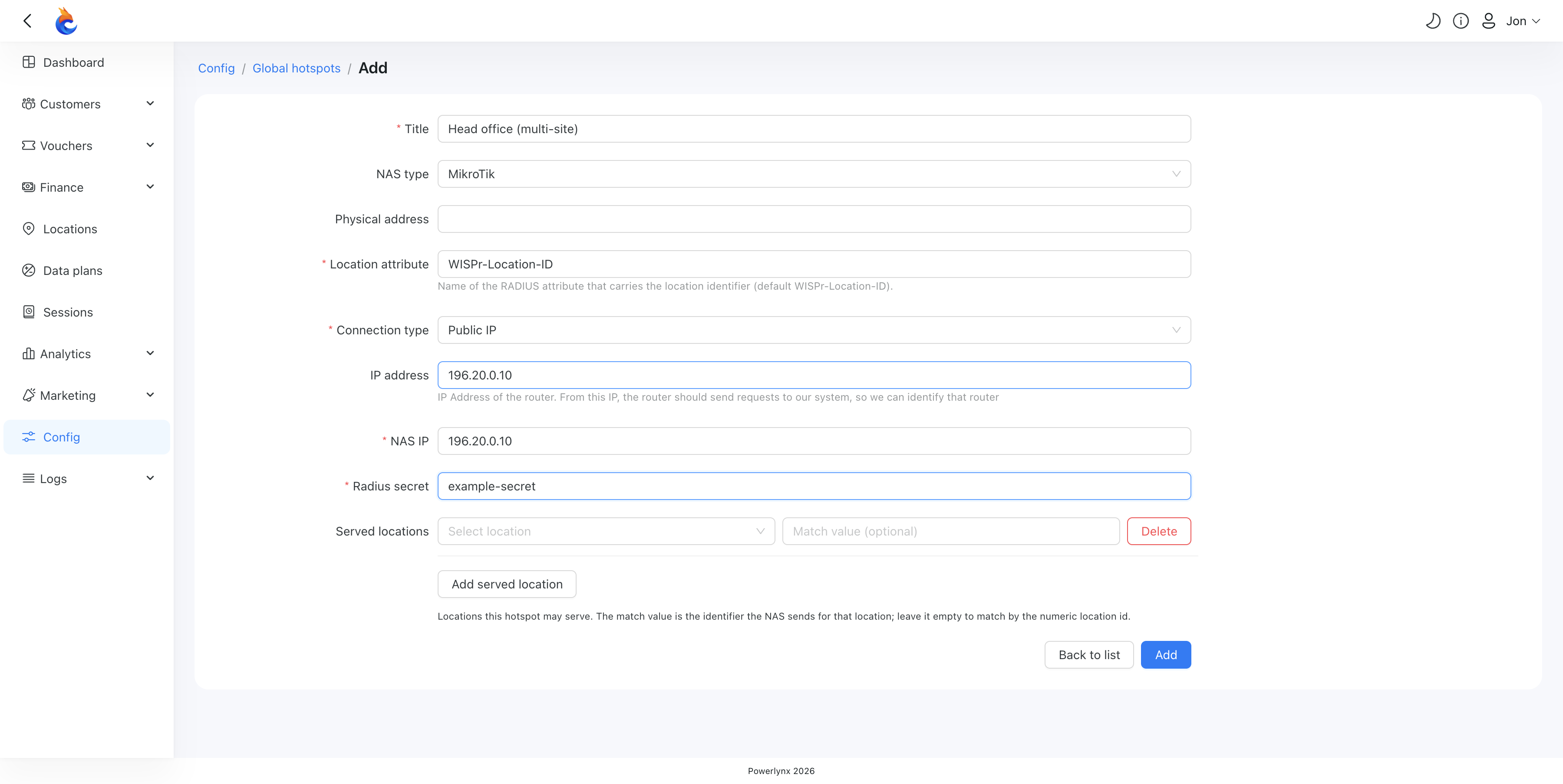 Add global hotspot form — location attribute, connection type, and served locations