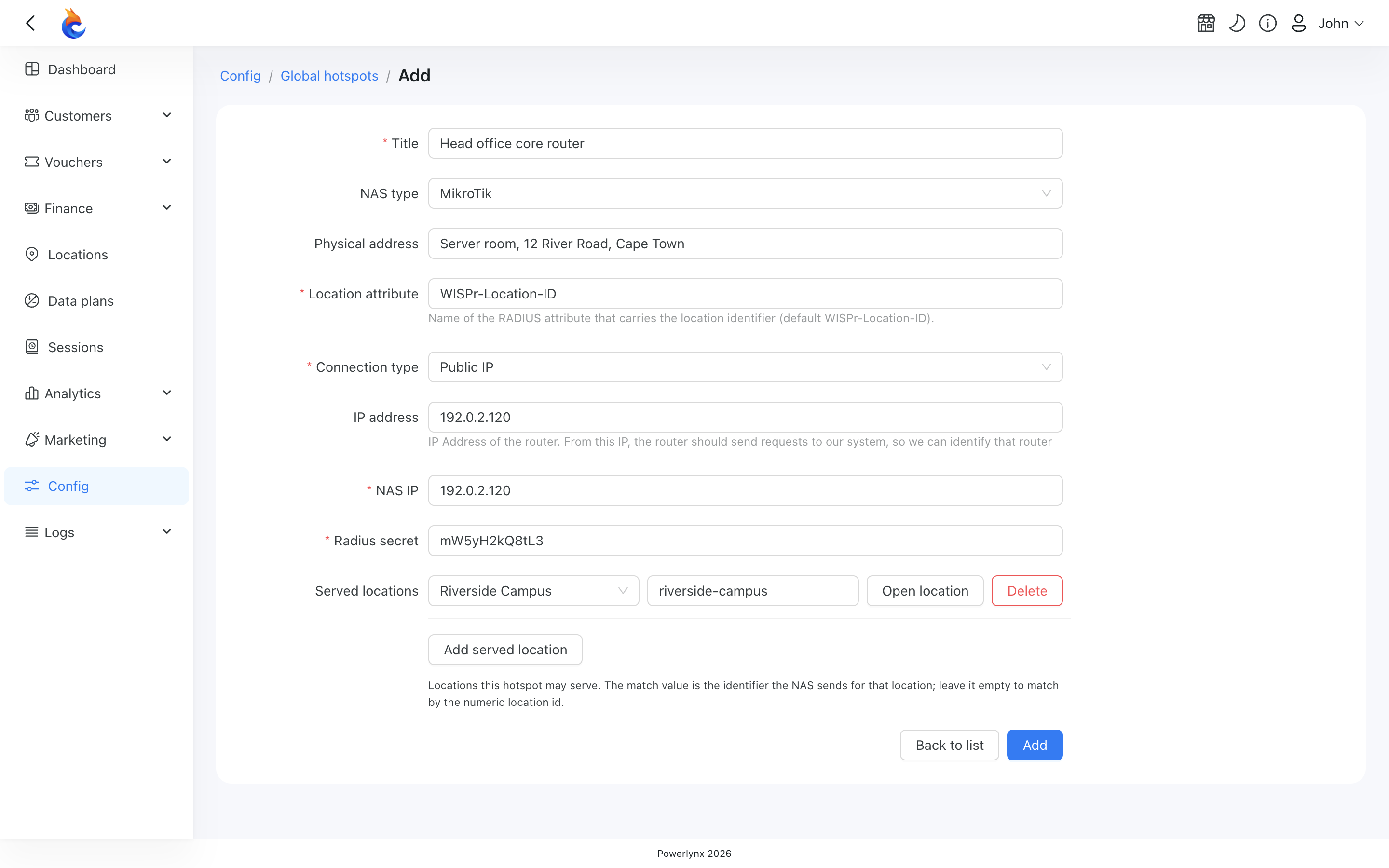 Add global hotspot form — location attribute, connection type, and served locations