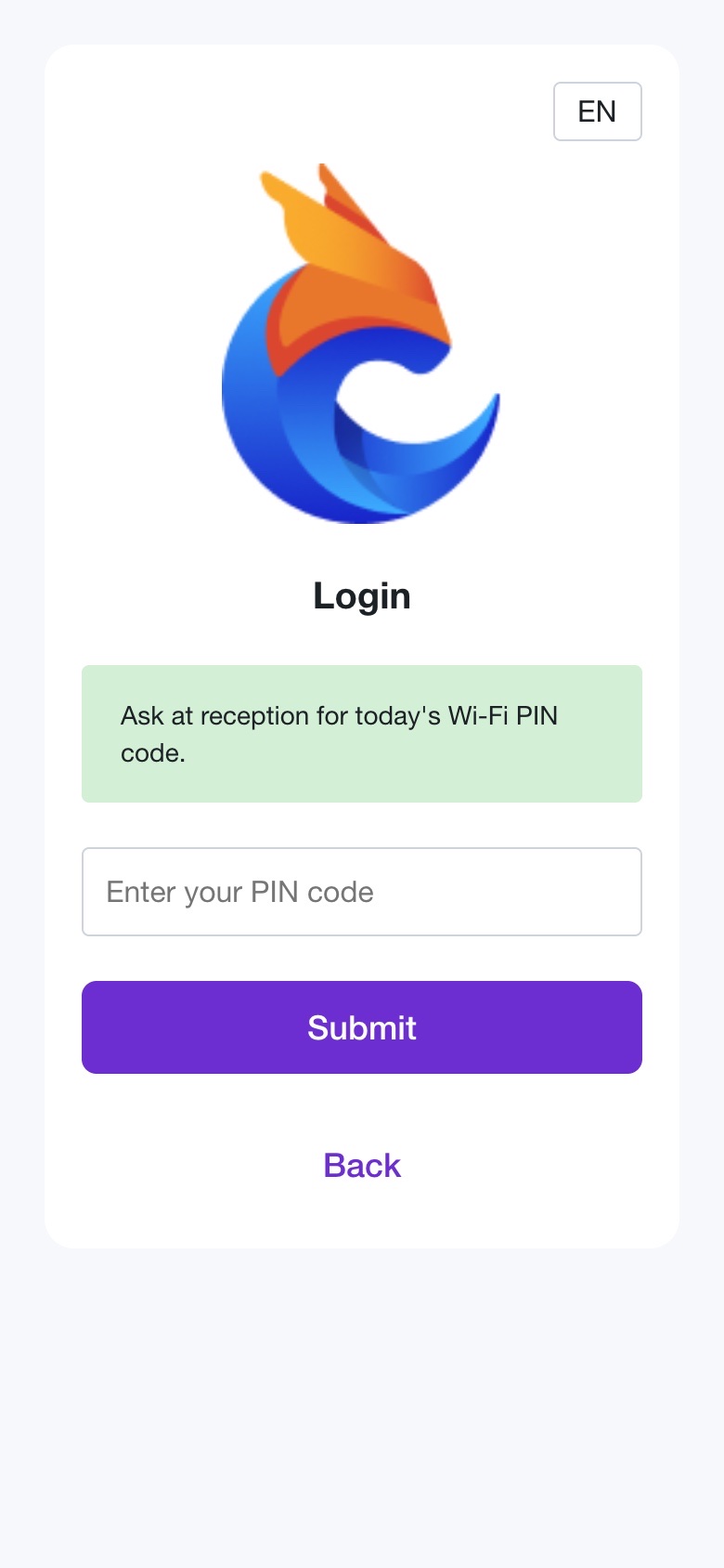 Splash page Guest login with PIN