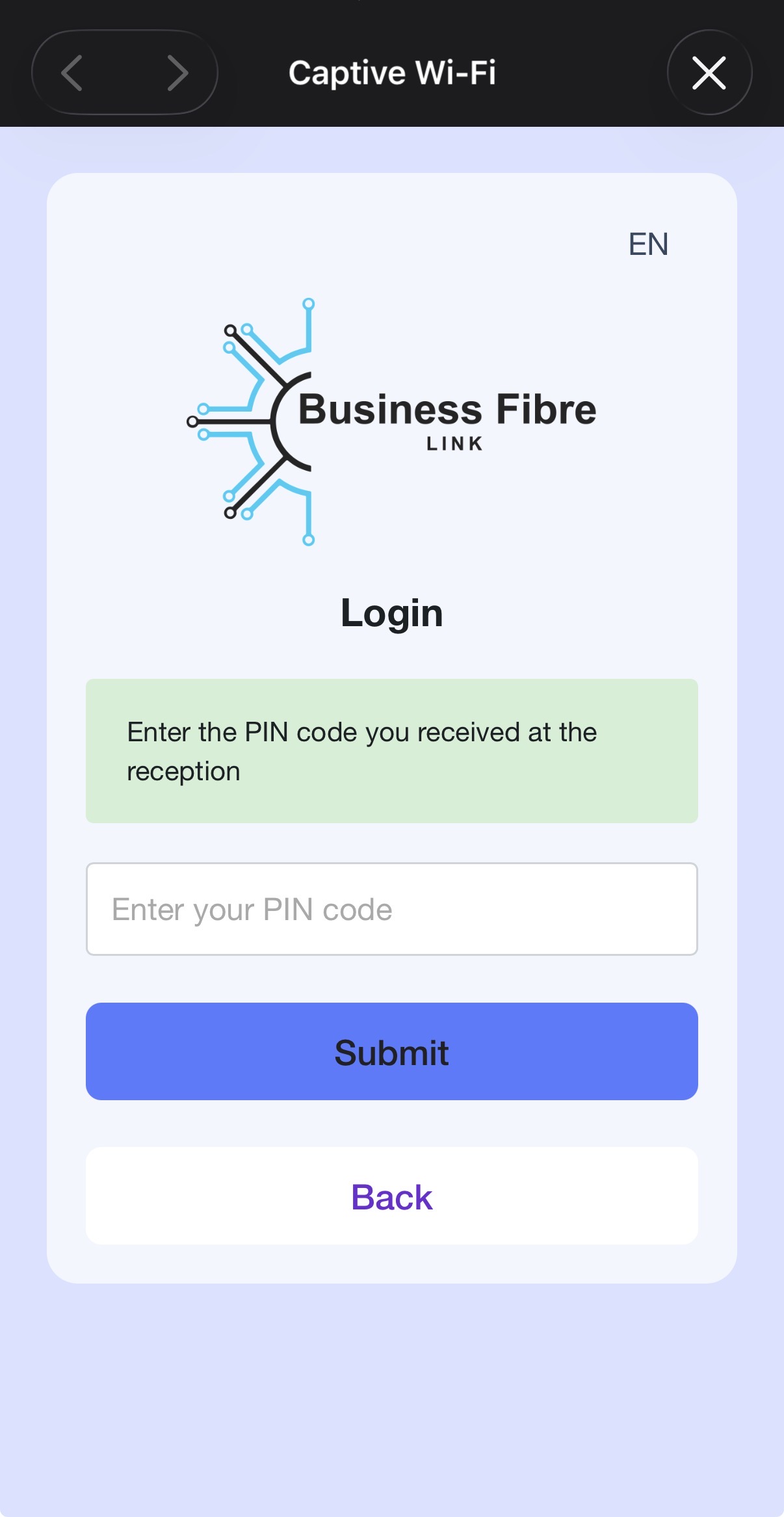 Splash page Guest login with PIN