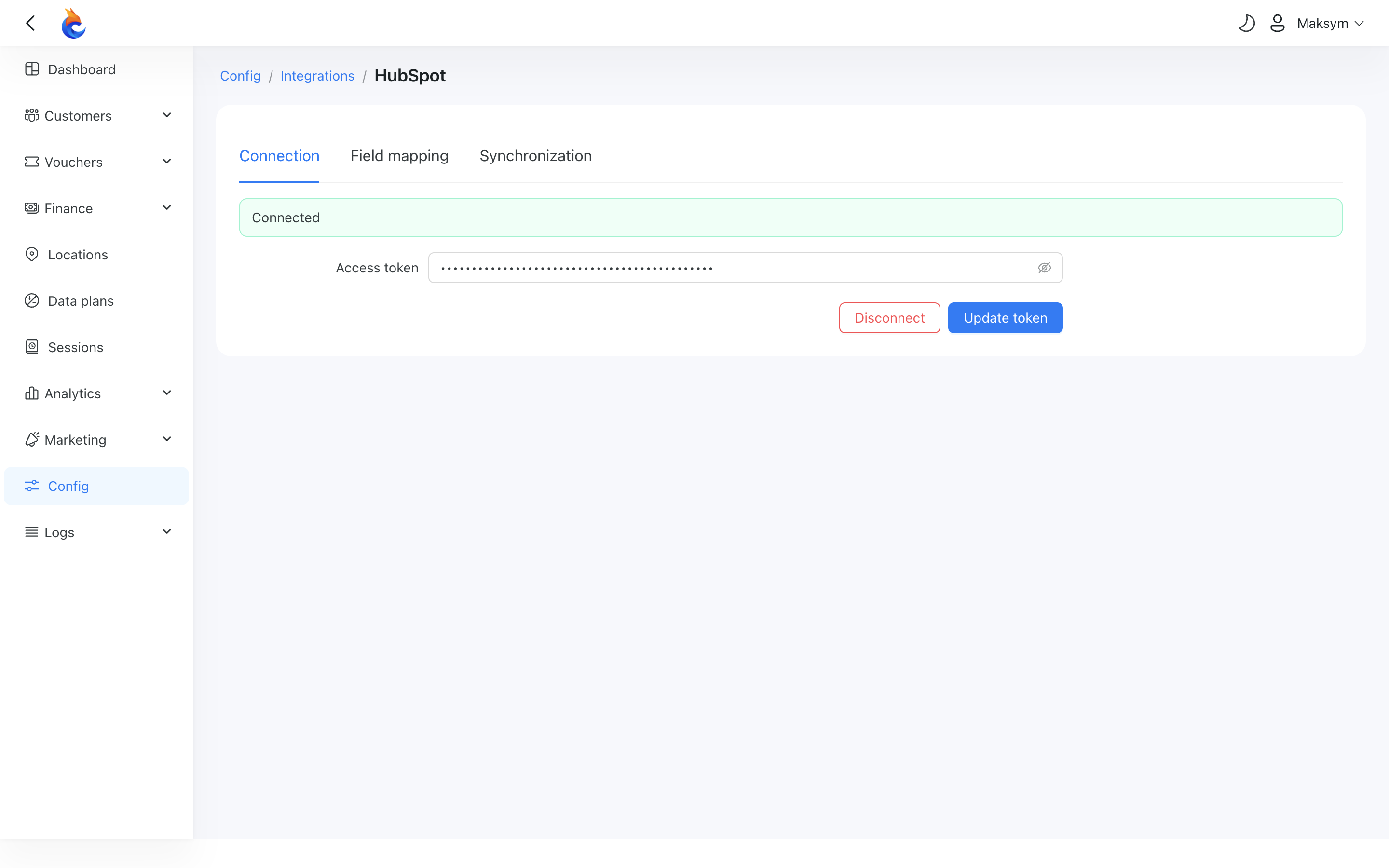 HubSpot connection tab