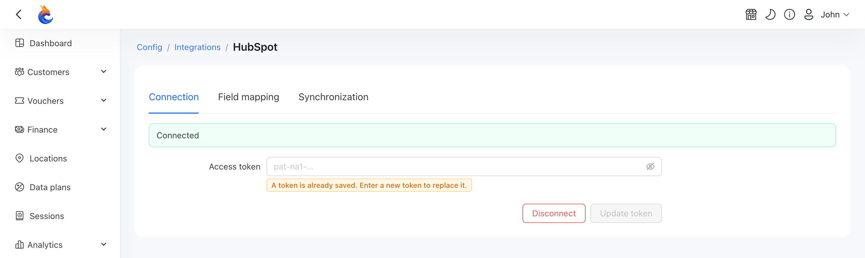 HubSpot connection tab