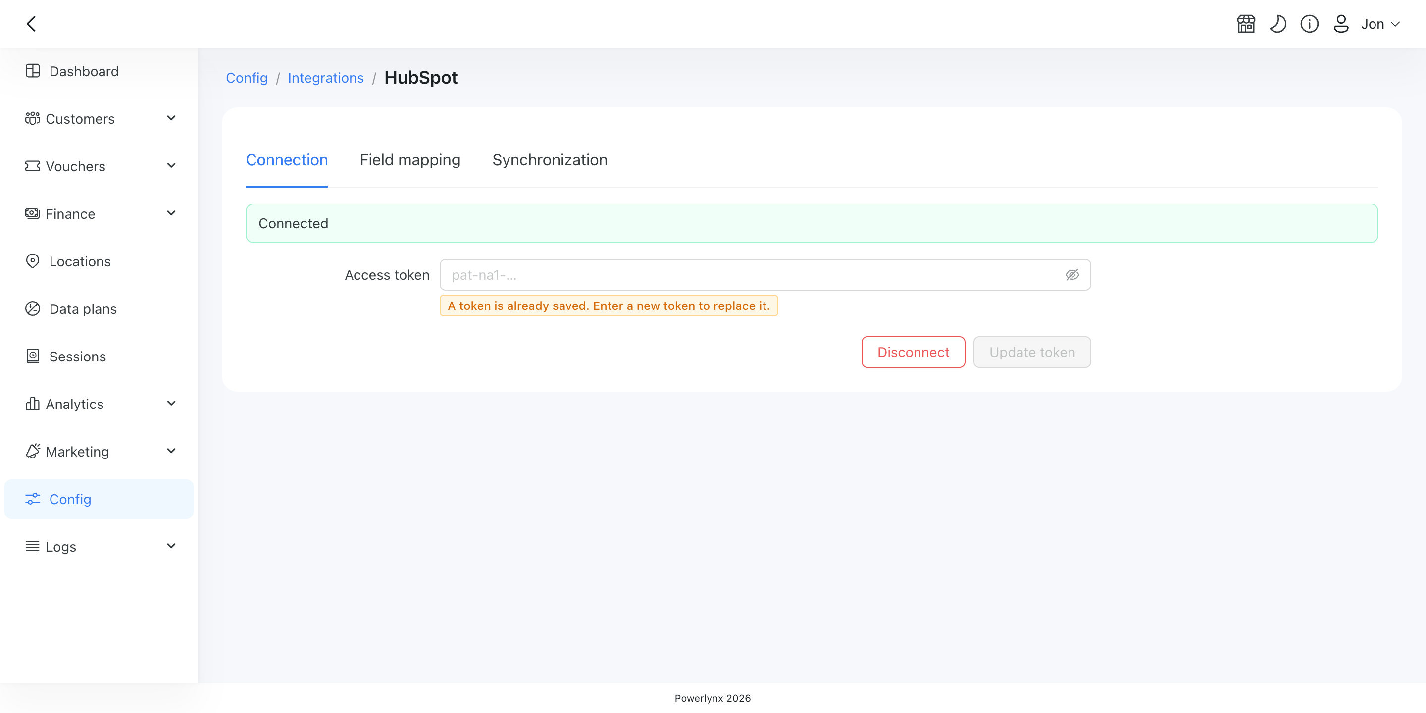 HubSpot connection tab