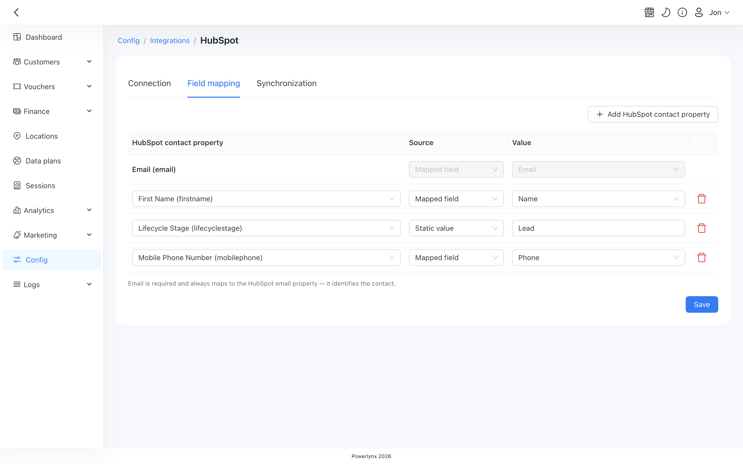 HubSpot field mapping tab