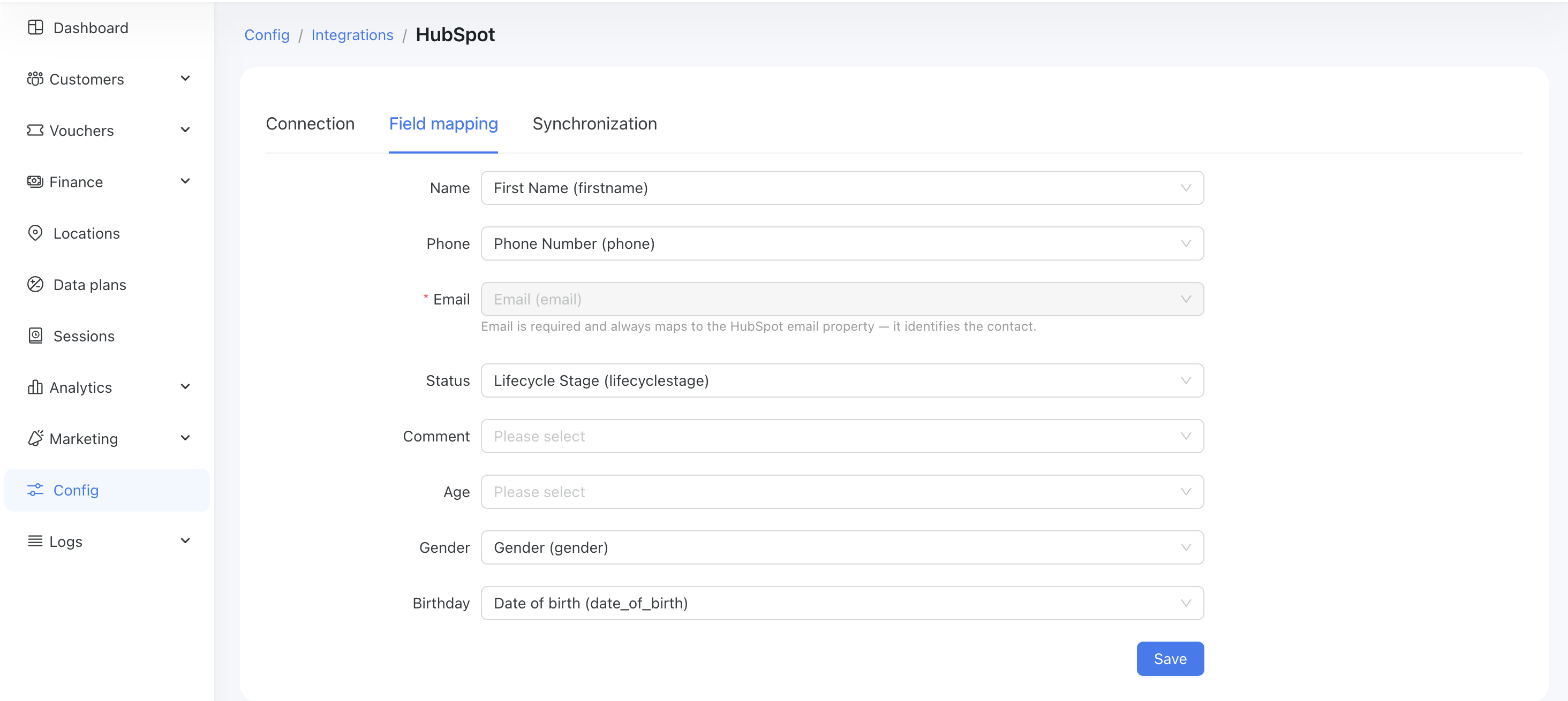 HubSpot field mapping tab