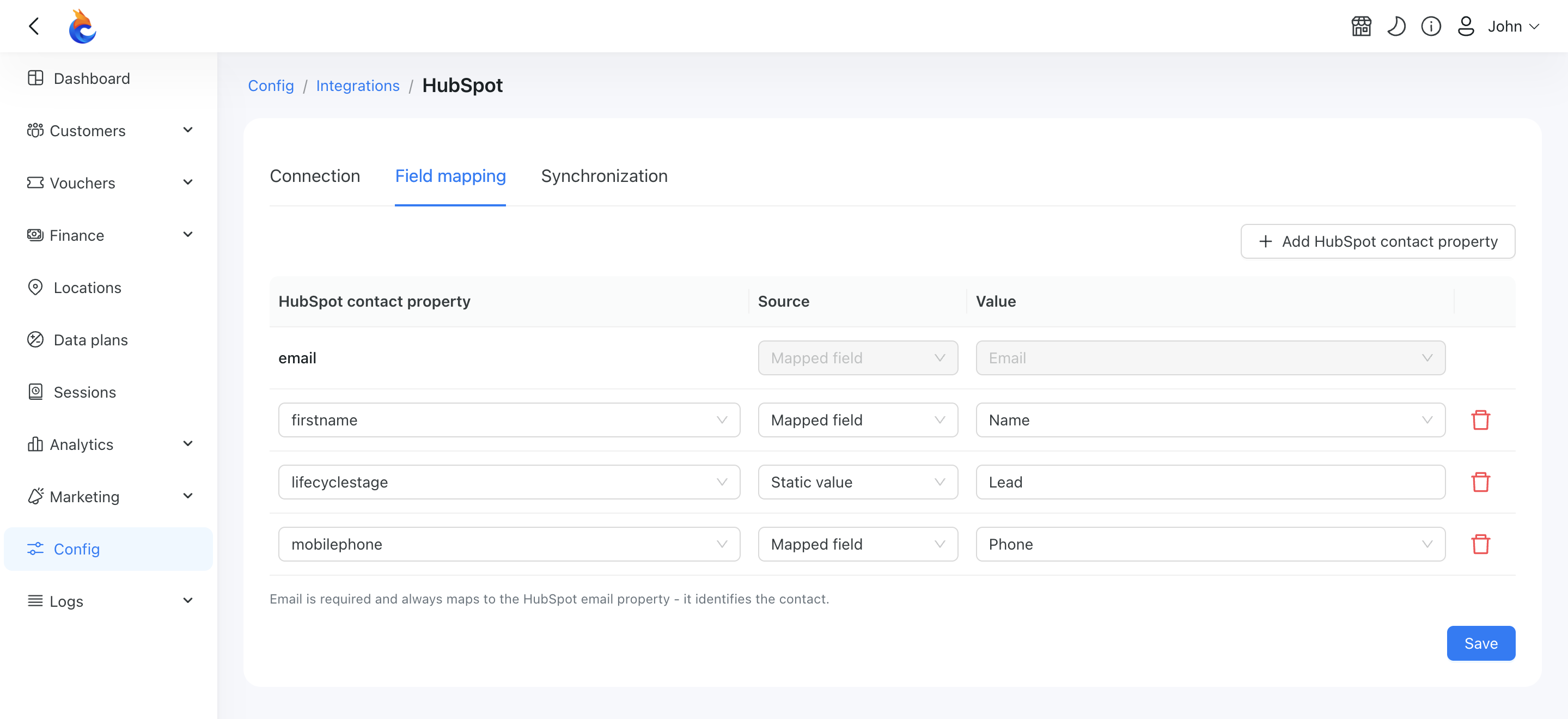 HubSpot field mapping tab