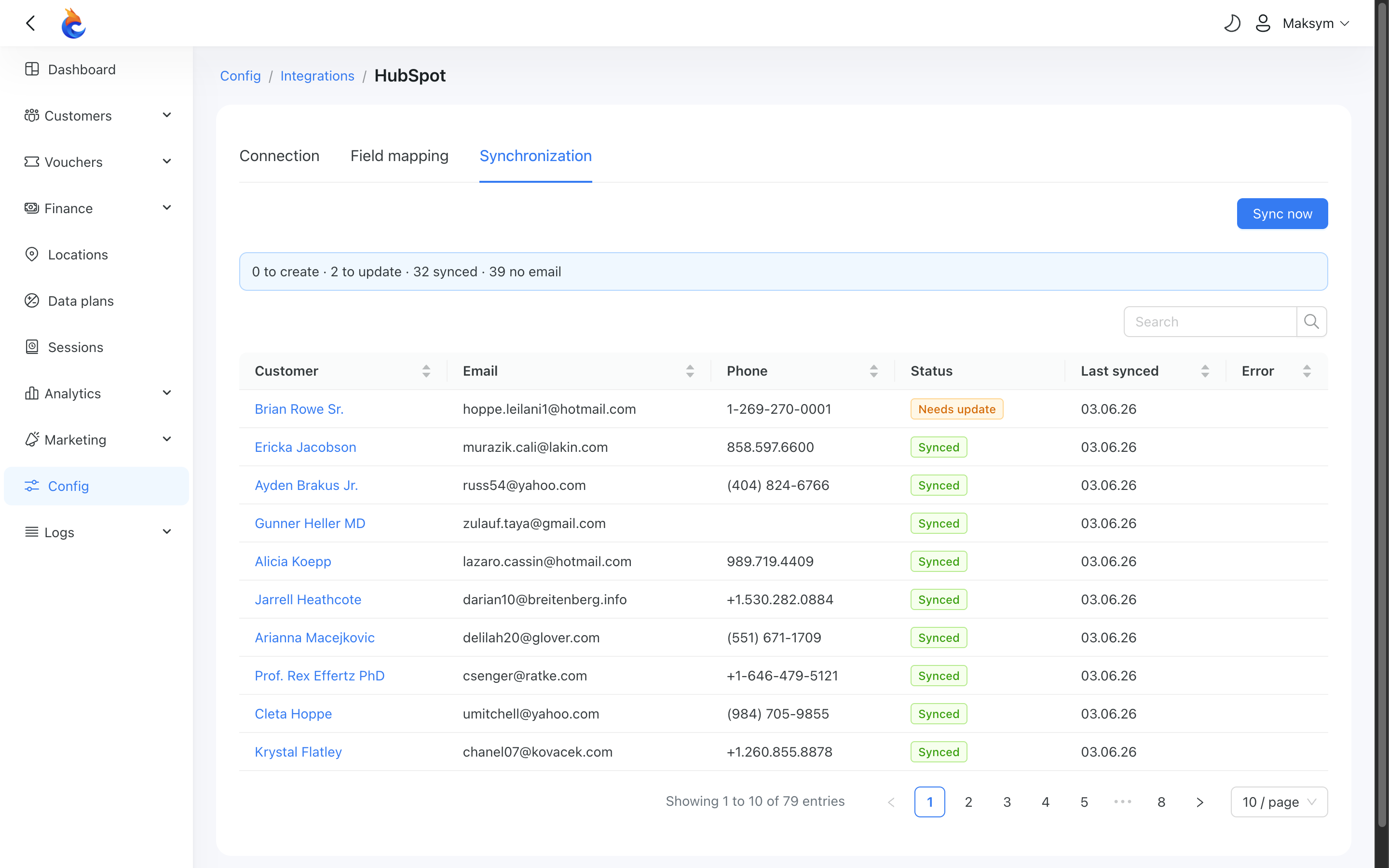 HubSpot synchronization tab