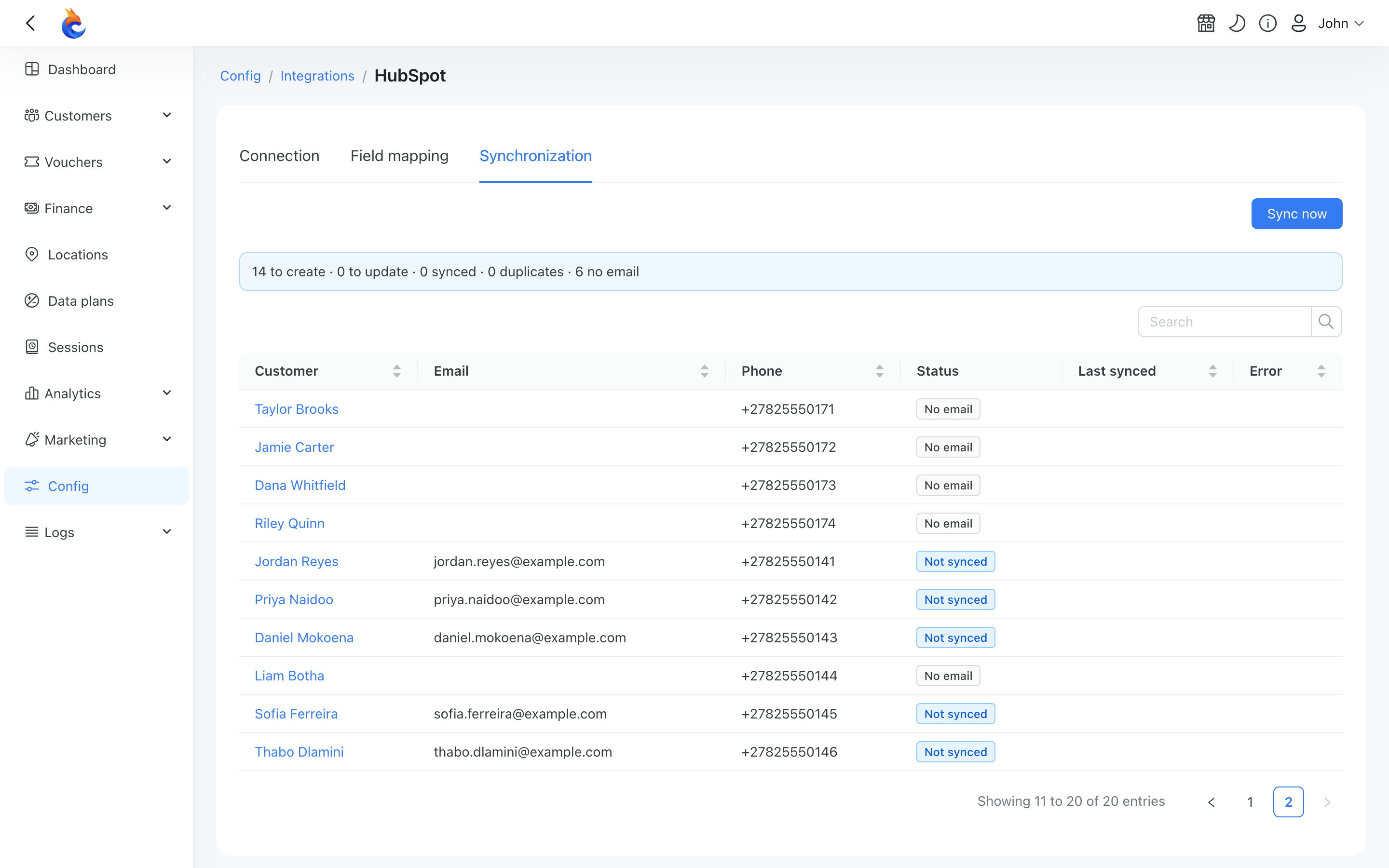 HubSpot synchronization tab