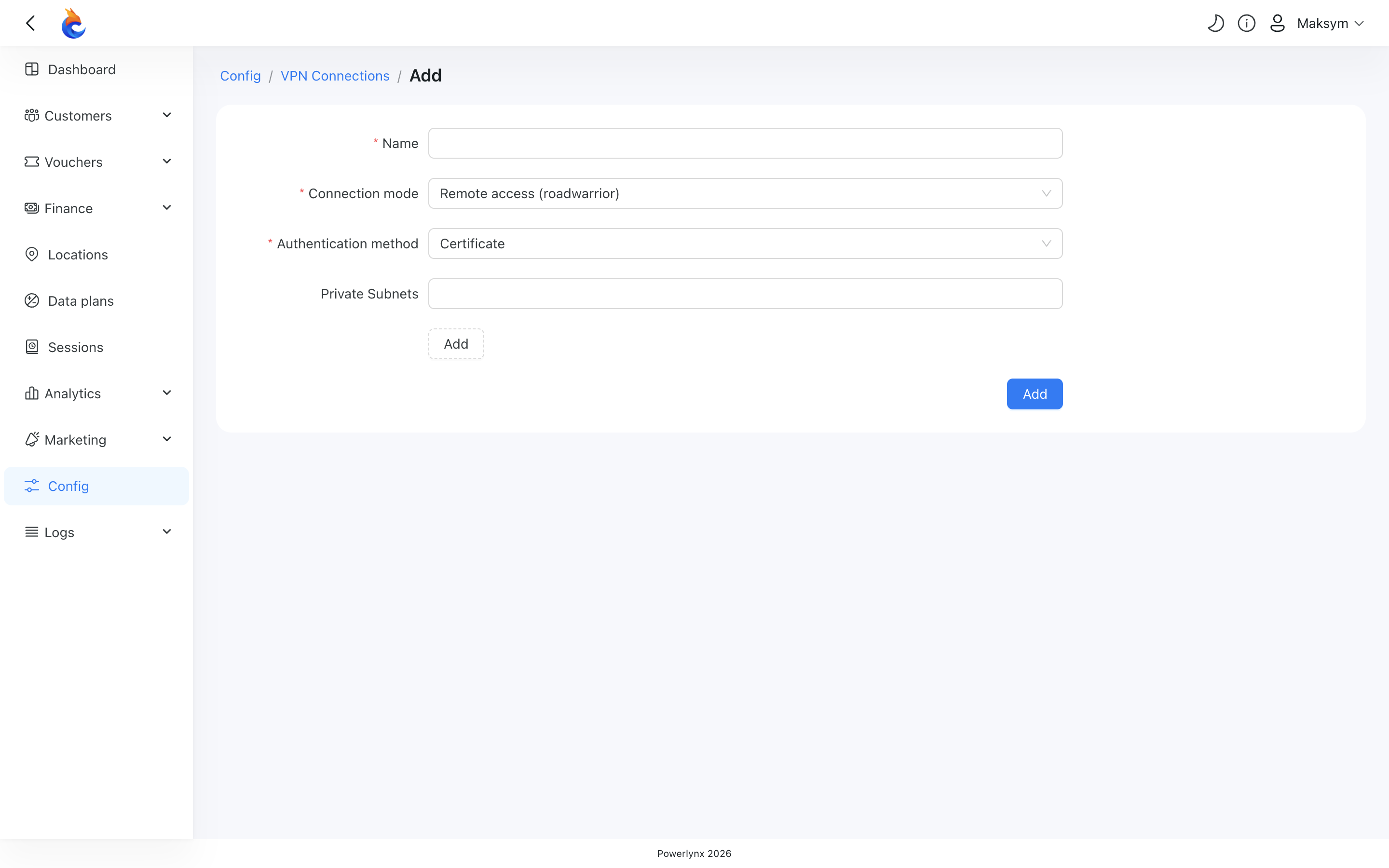 Add VPN connection form