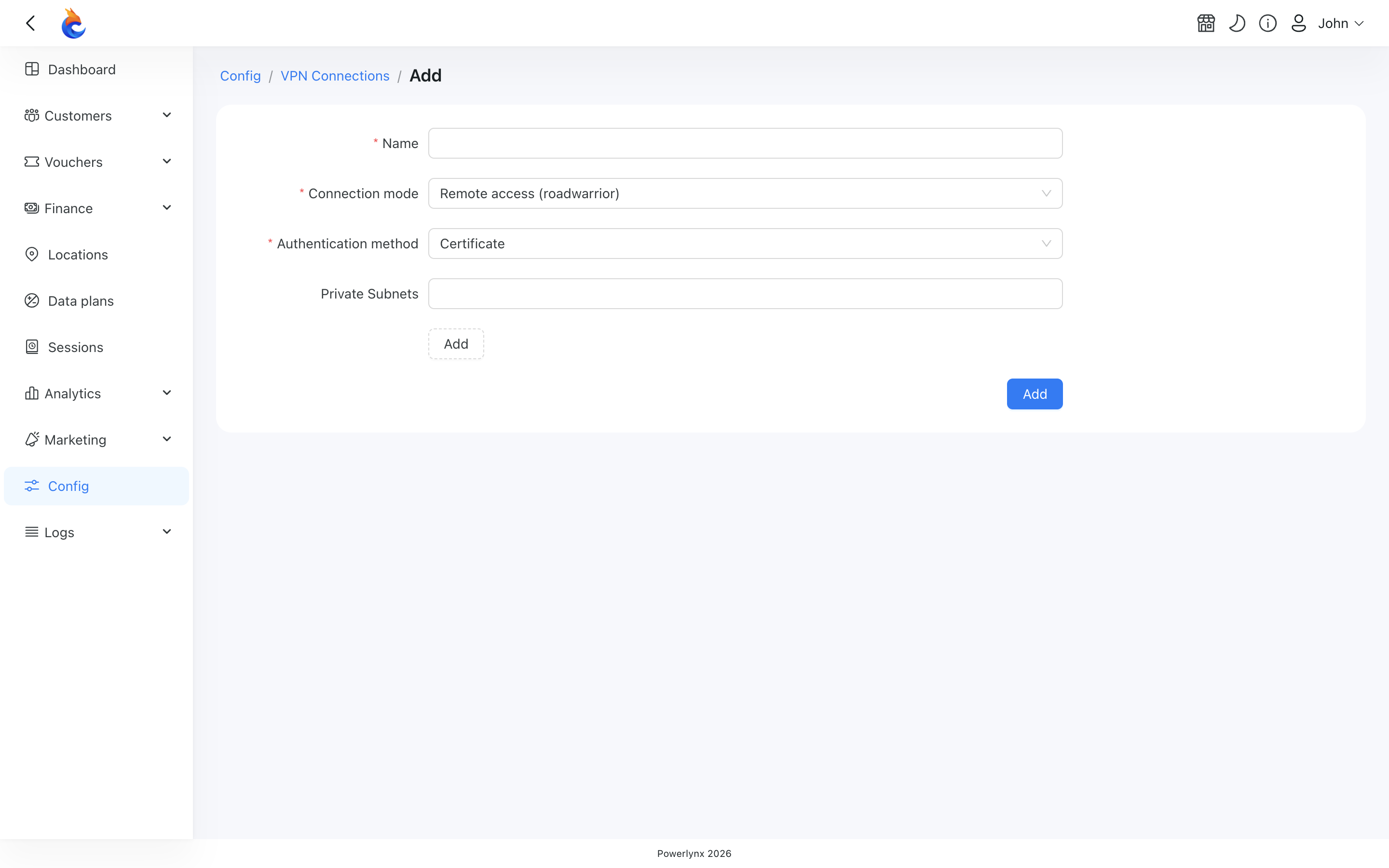 Add VPN connection form