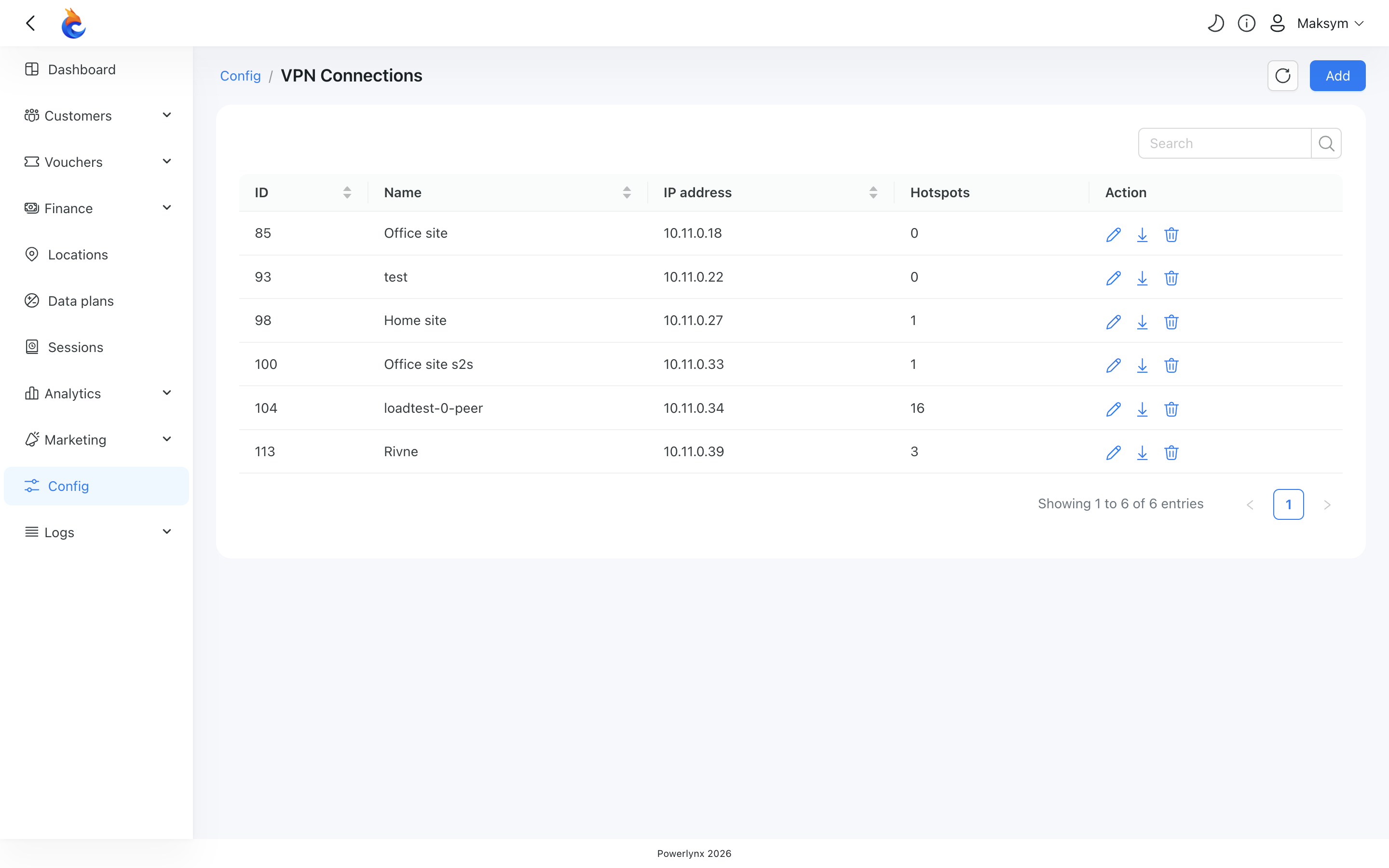VPN Connections list — click Add to start