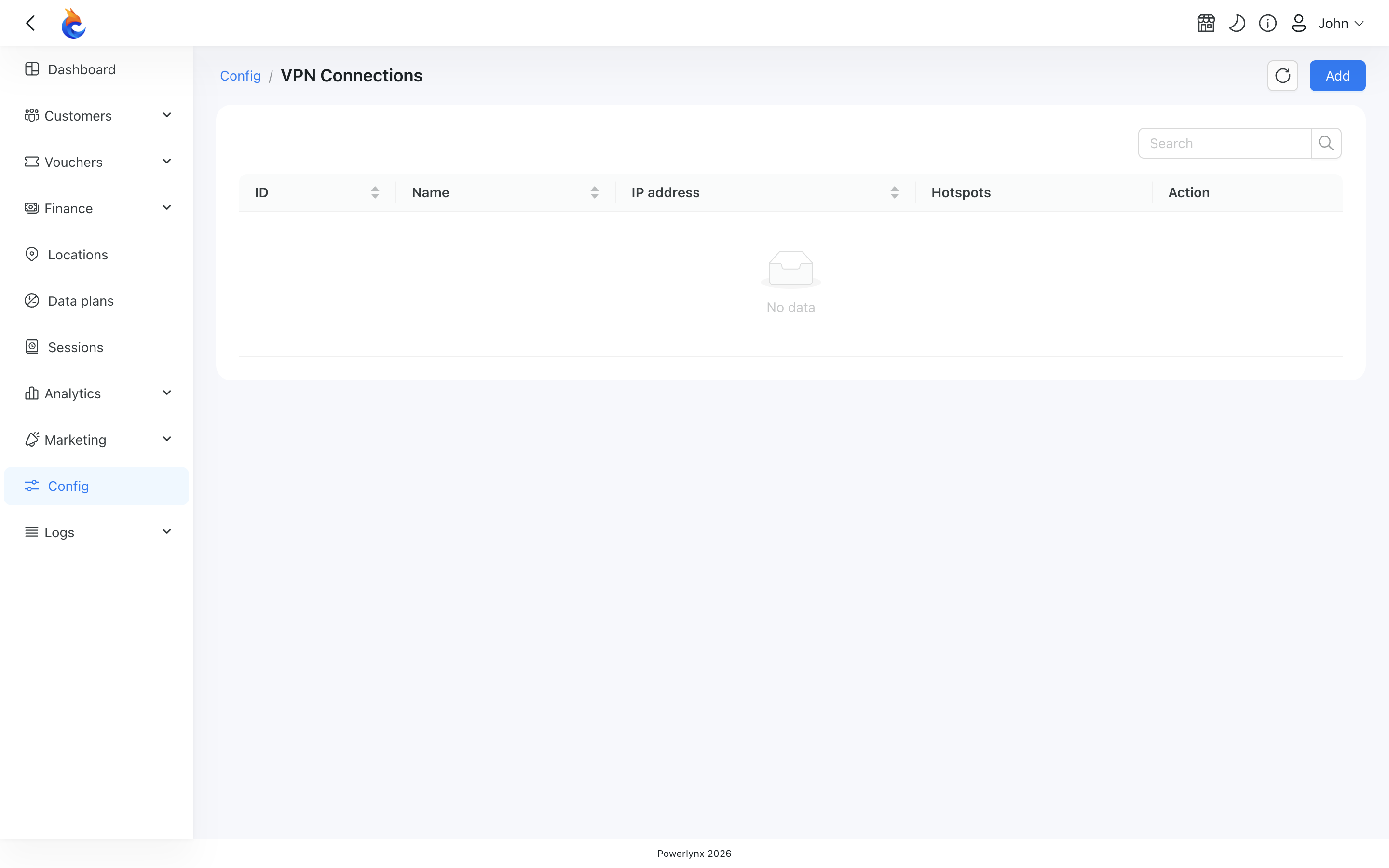 VPN Connections list — click Add to start