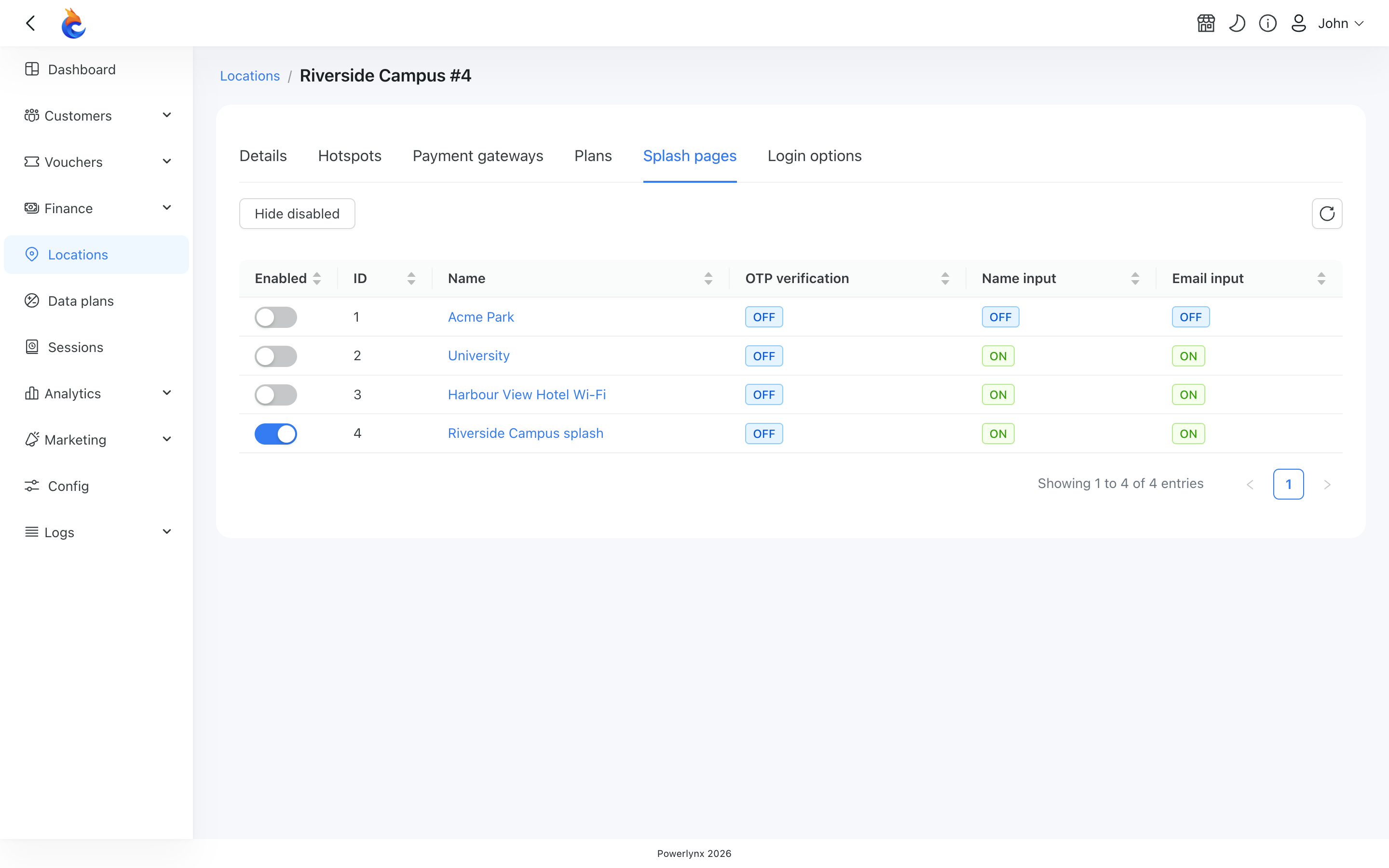 Enable splash page for location