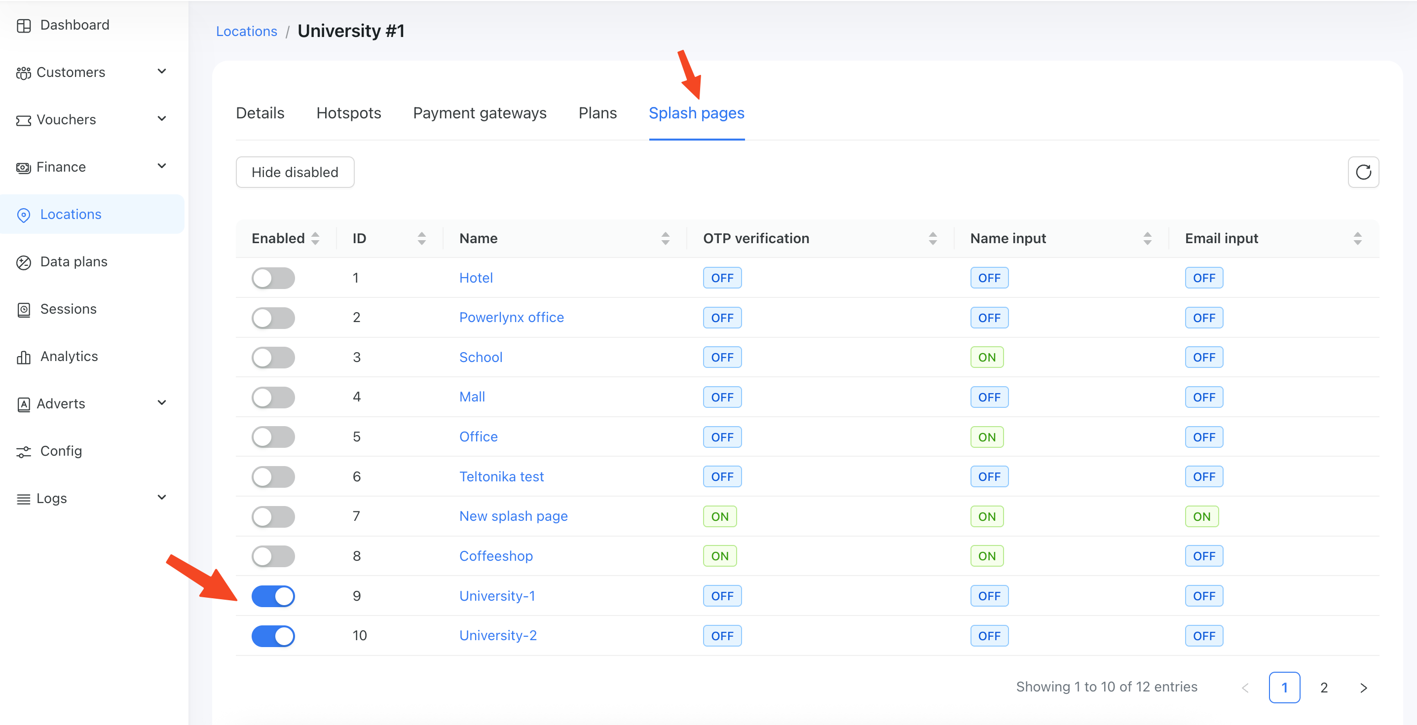 Enable splash page for location