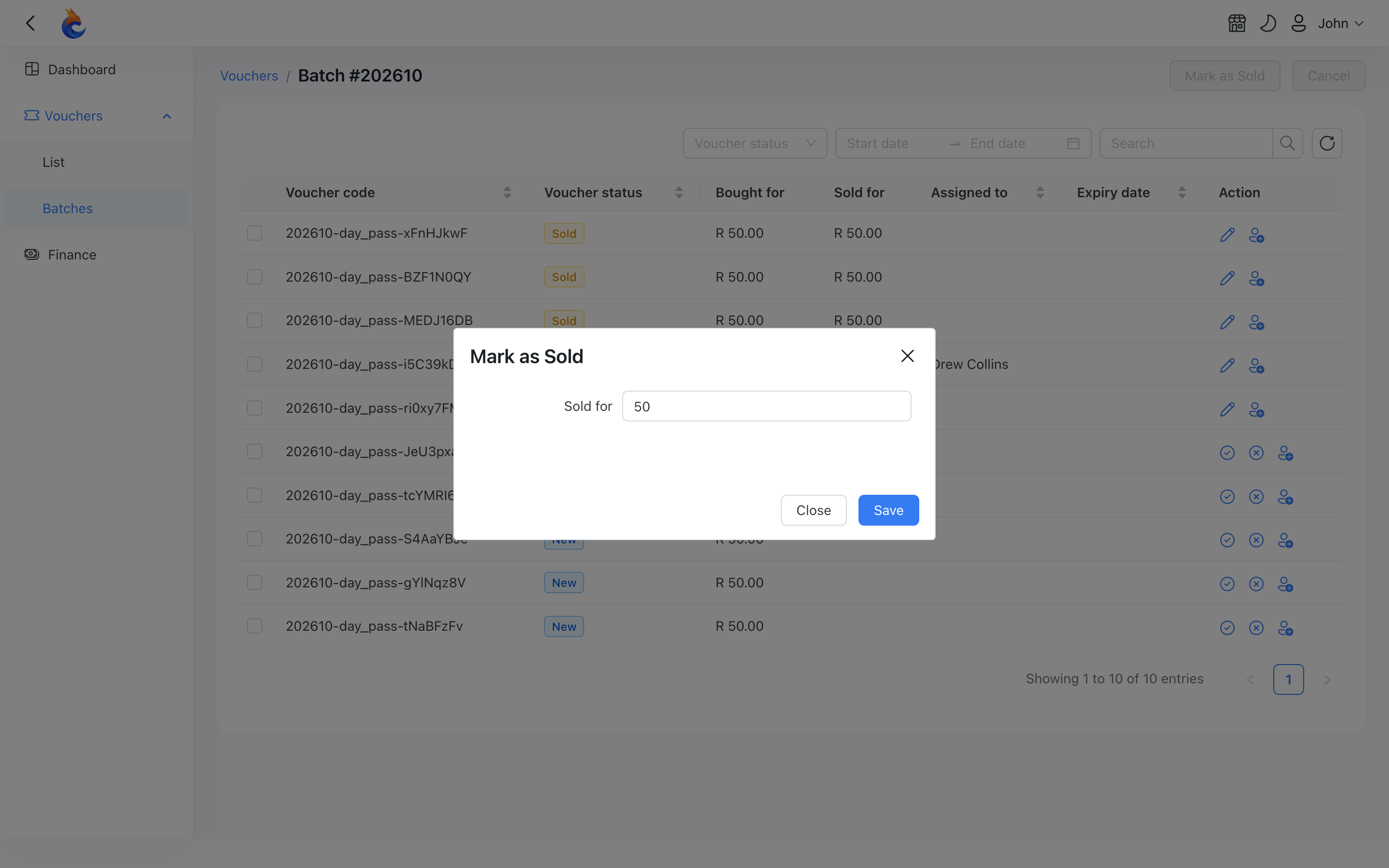 Mark as Sold modal with the Sold for field pre-filled to the voucher's price