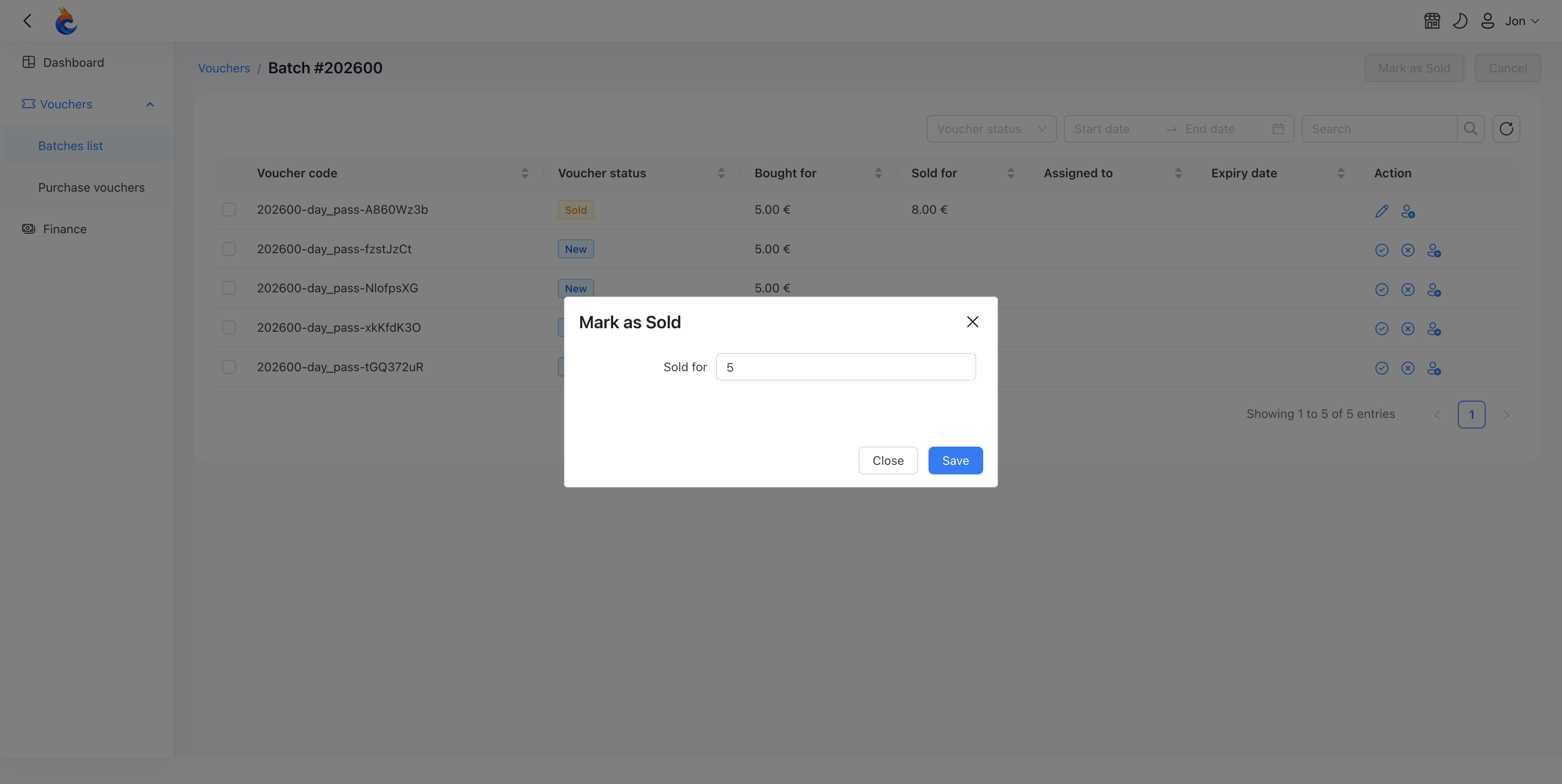 Mark as Sold modal with the Sold for field pre-filled to the voucher's price