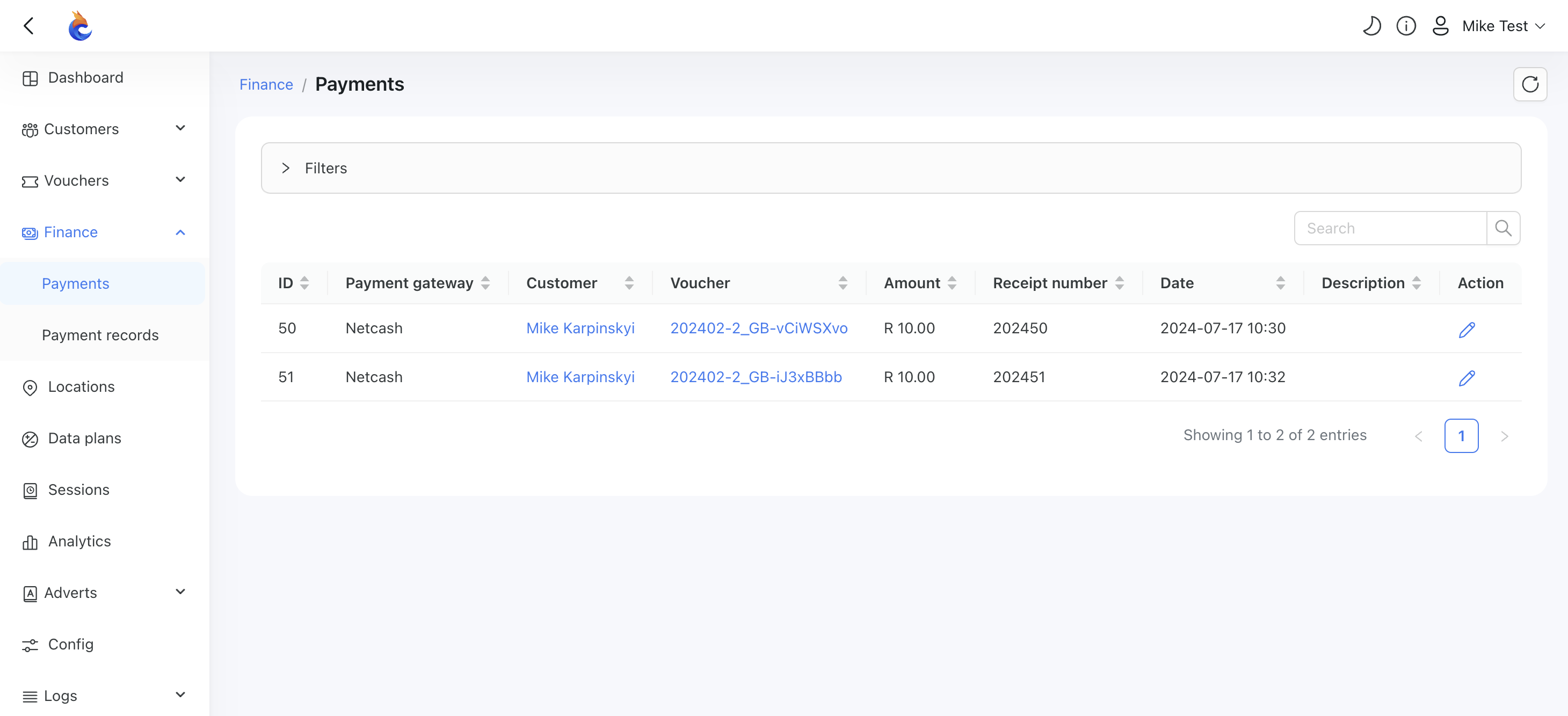 Netcash payments list