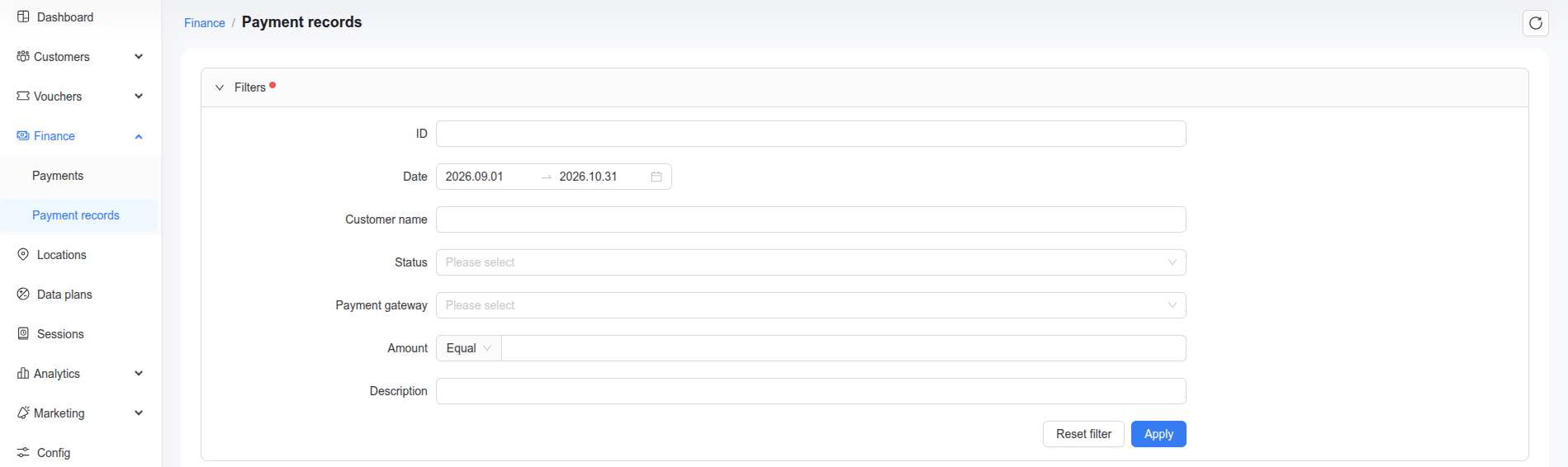 Payment records filters