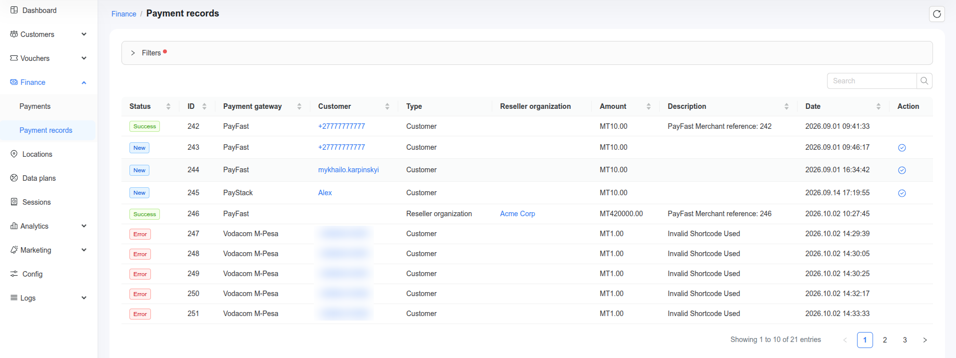 Payment records list