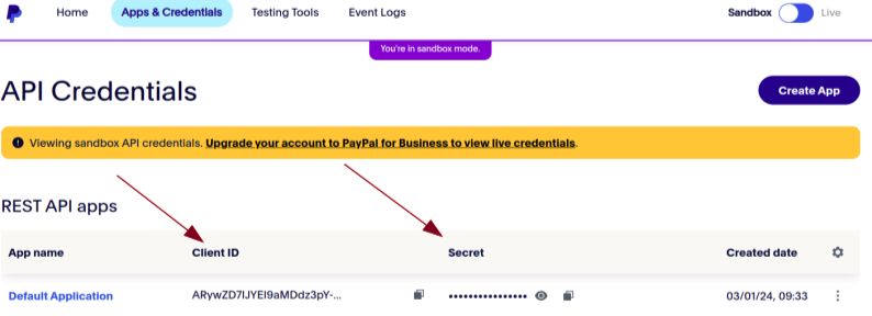 PayPal client ID and client secret