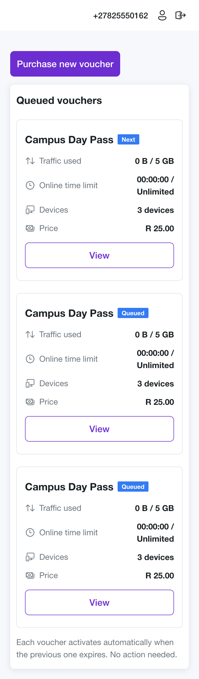 The My vouchers page with the queued vouchers below the Purchase button