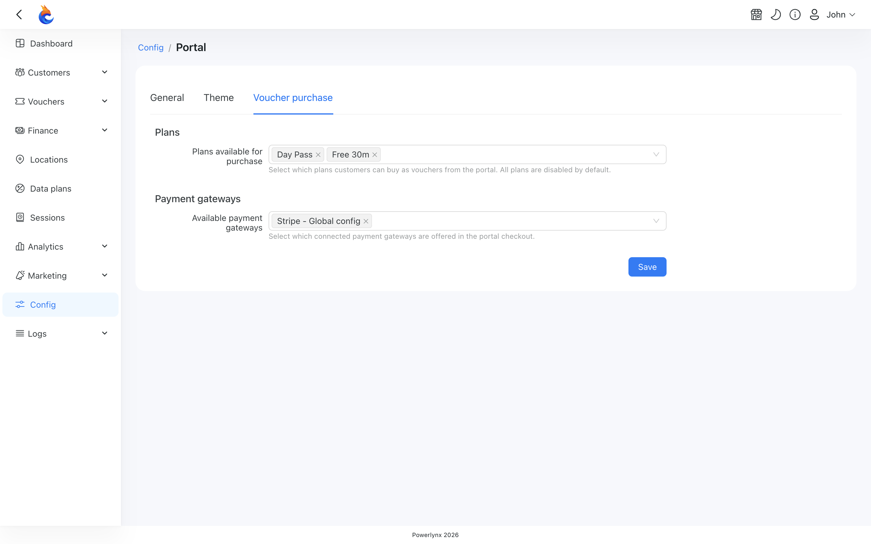 The Voucher purchase configuration tab