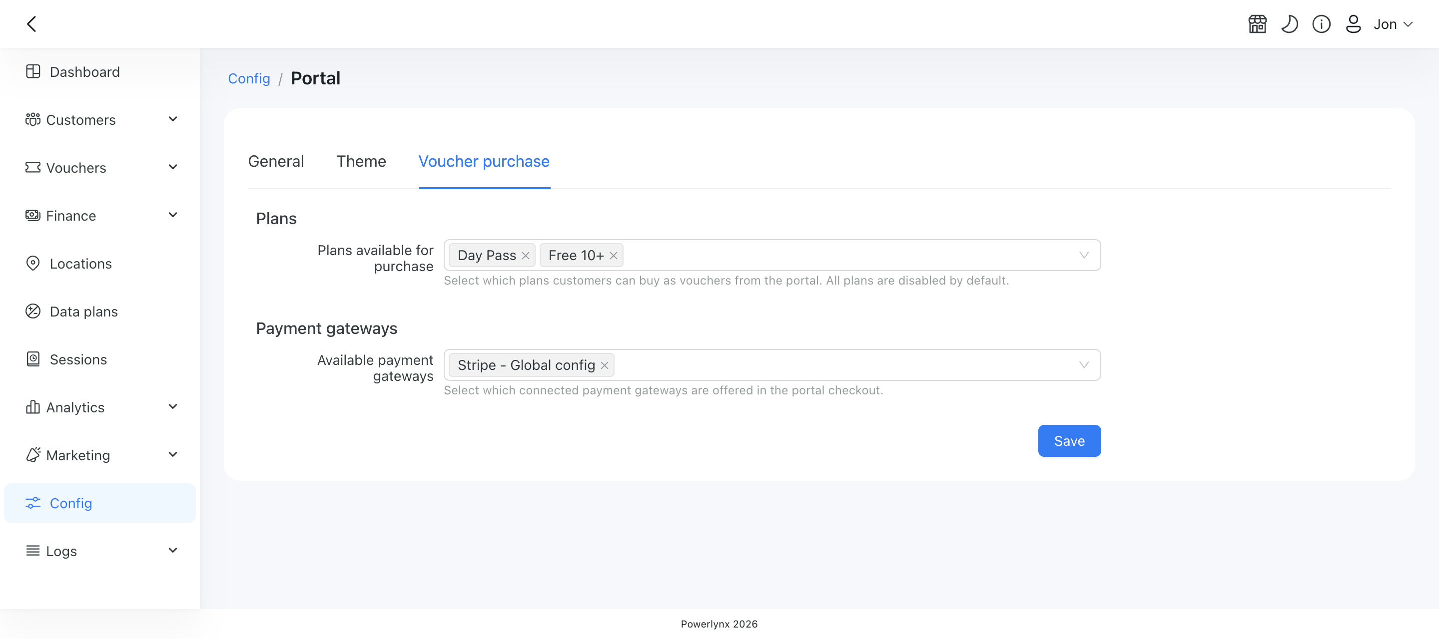 The Voucher purchase configuration tab