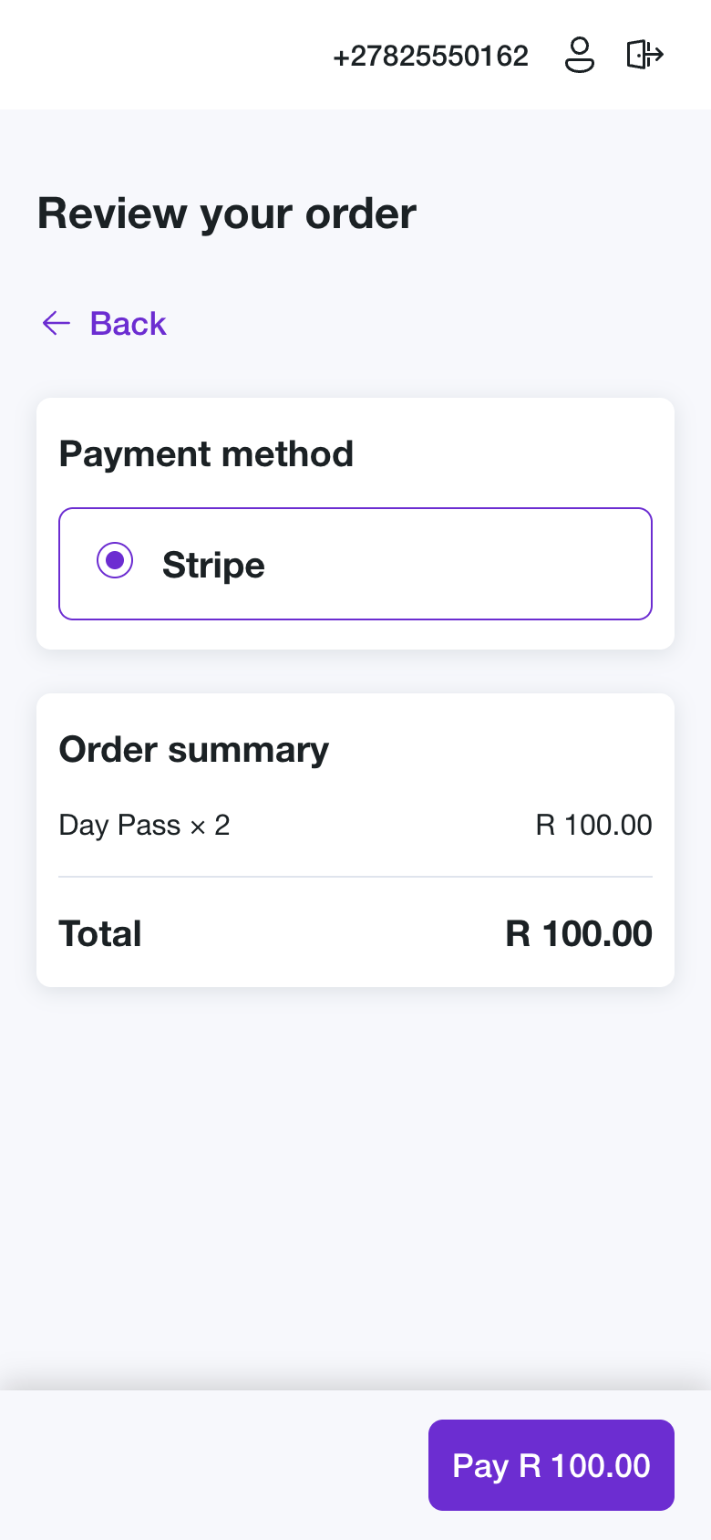 The review step with payment-method selection and order summary