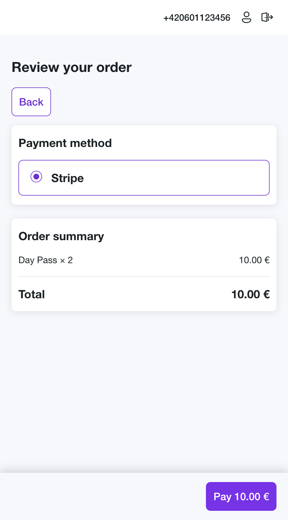 The review step with payment-method selection and order summary