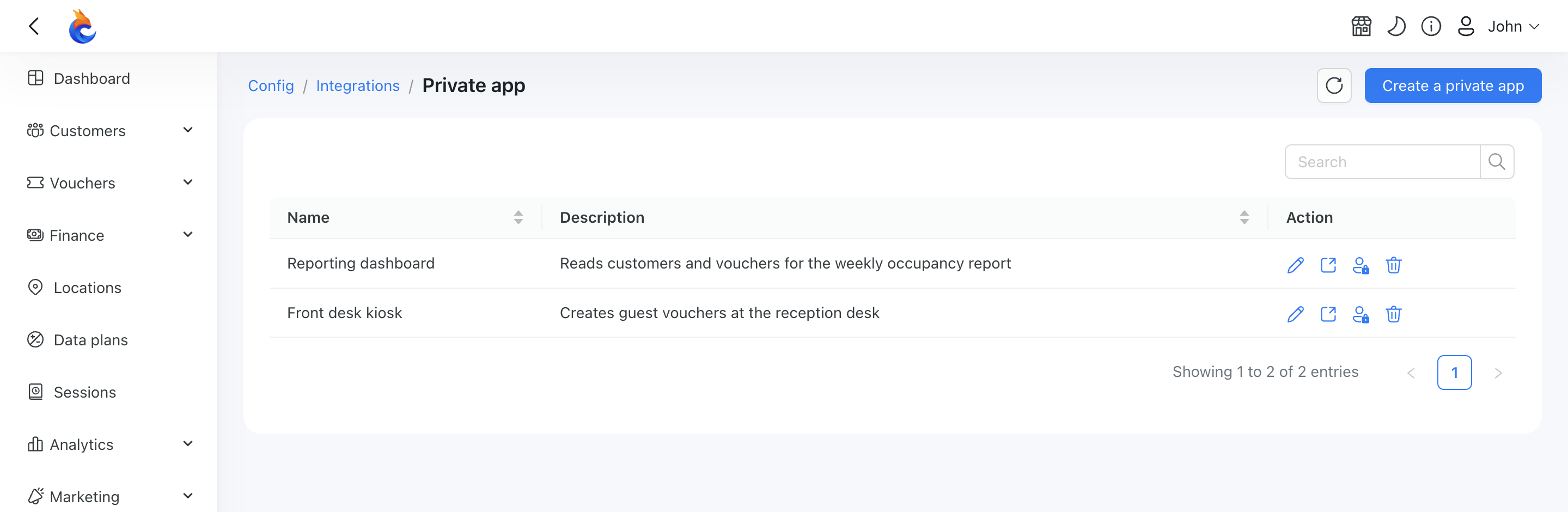 Private app permissions
