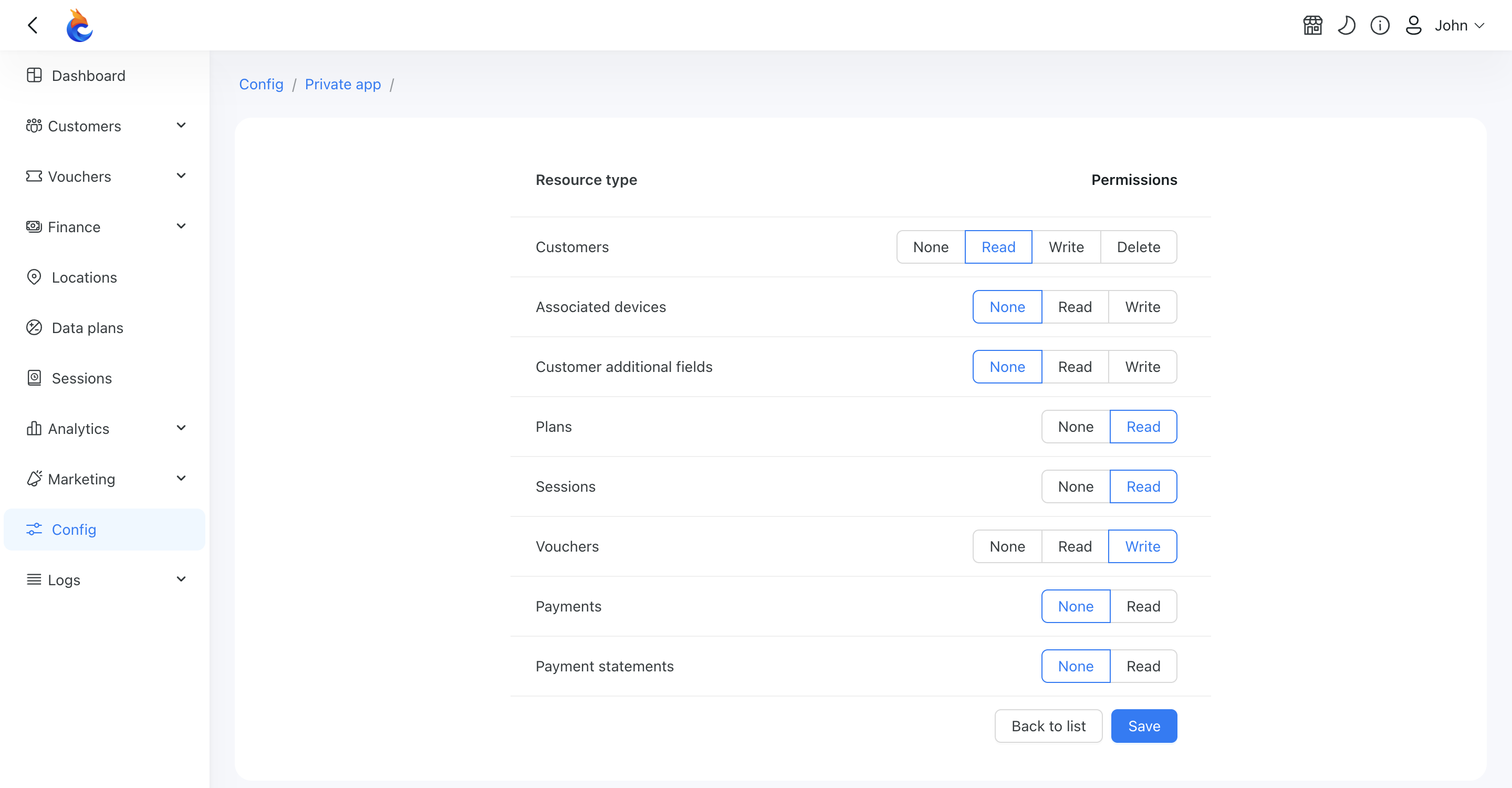 Private app permissions enable