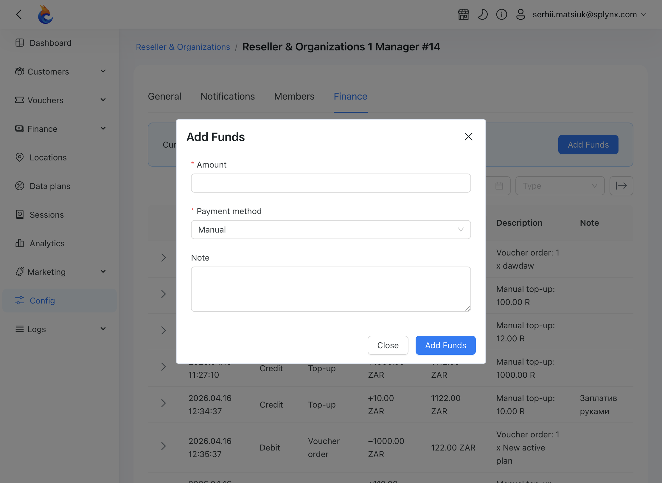 Adding funds to a reseller's balance