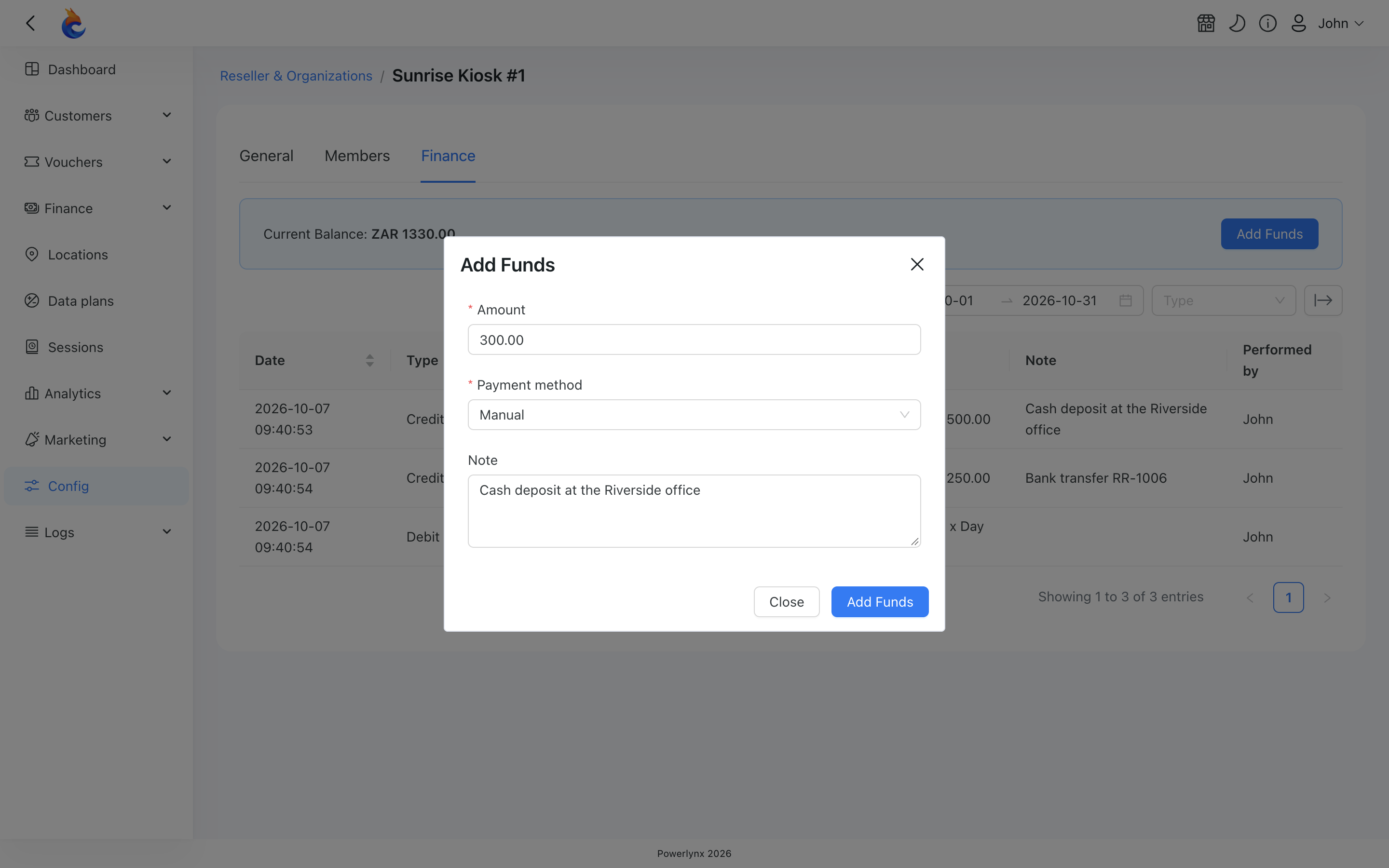 Adding funds to a reseller's balance