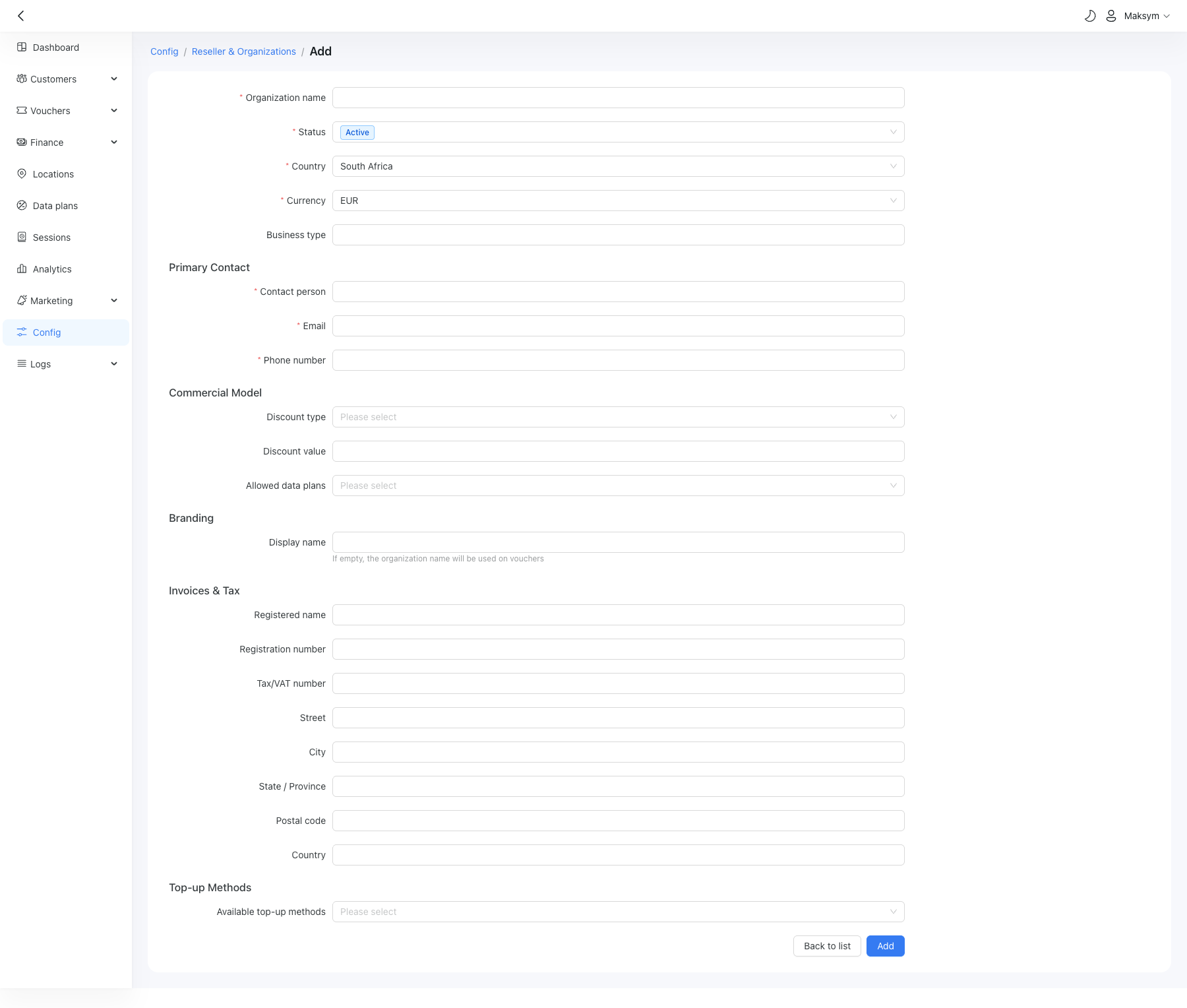 Creating a reseller organization