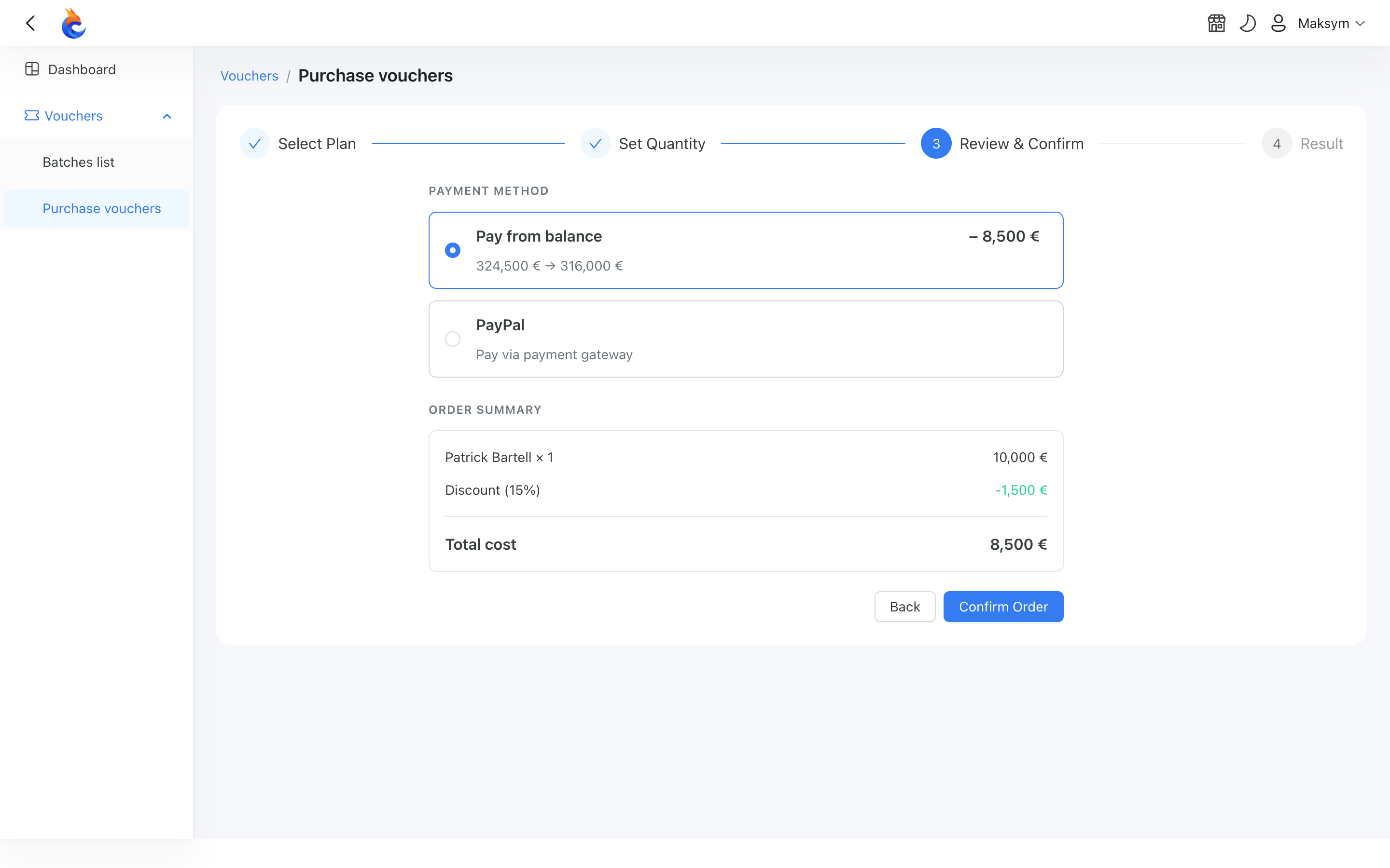 Choosing the payment method