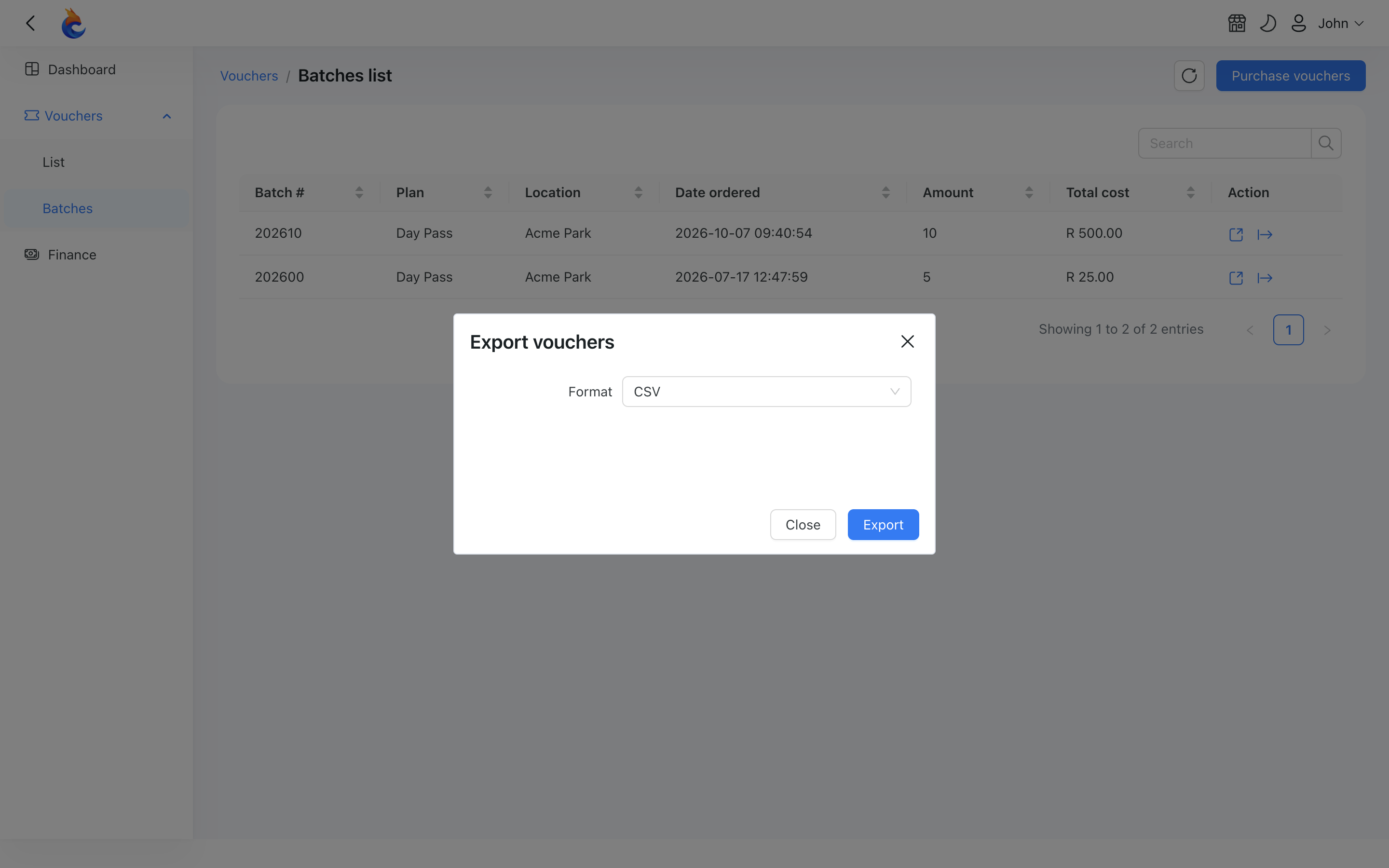 Exporting a voucher batch